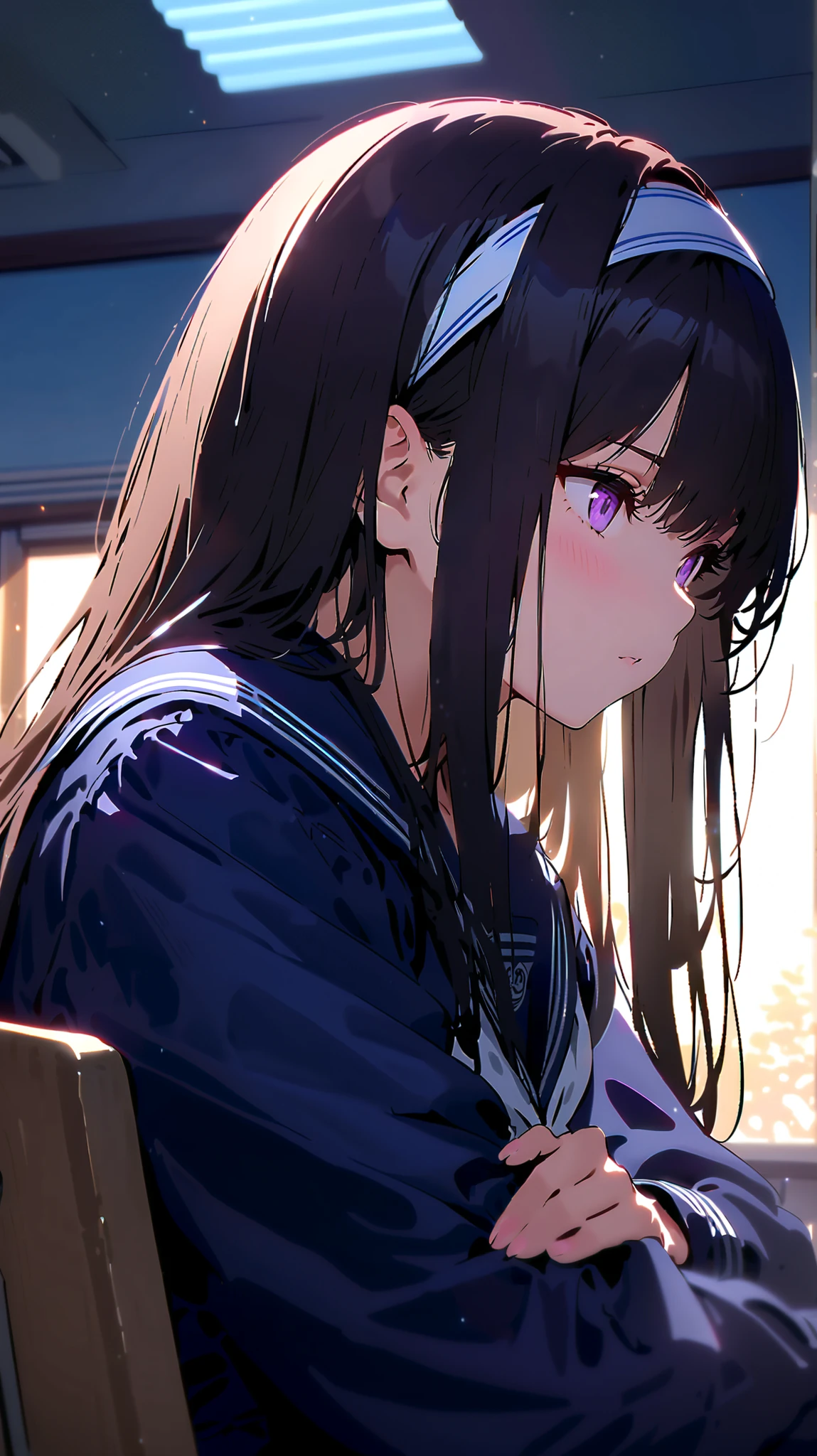 masterpiece, Highest Quality, Super Detailed, high resolution, 8k, very detailed, Intricate Details, sharp focus, perfect anatomy, detailed clothing, dynamic lighting, HDR, cinematic lighting, purple eyes, 1girl, (((dark haired, Long Hair))), (hair band at the top of the head, White:1.4), sailor uniform, (((dark blue sailor suit))), Black Stockings, black garter belt, A room where soft light shines in, classroom, sitting on a chair, staring at me shyly, Warm Light in the Room, fantastic, dreamy vibe, 