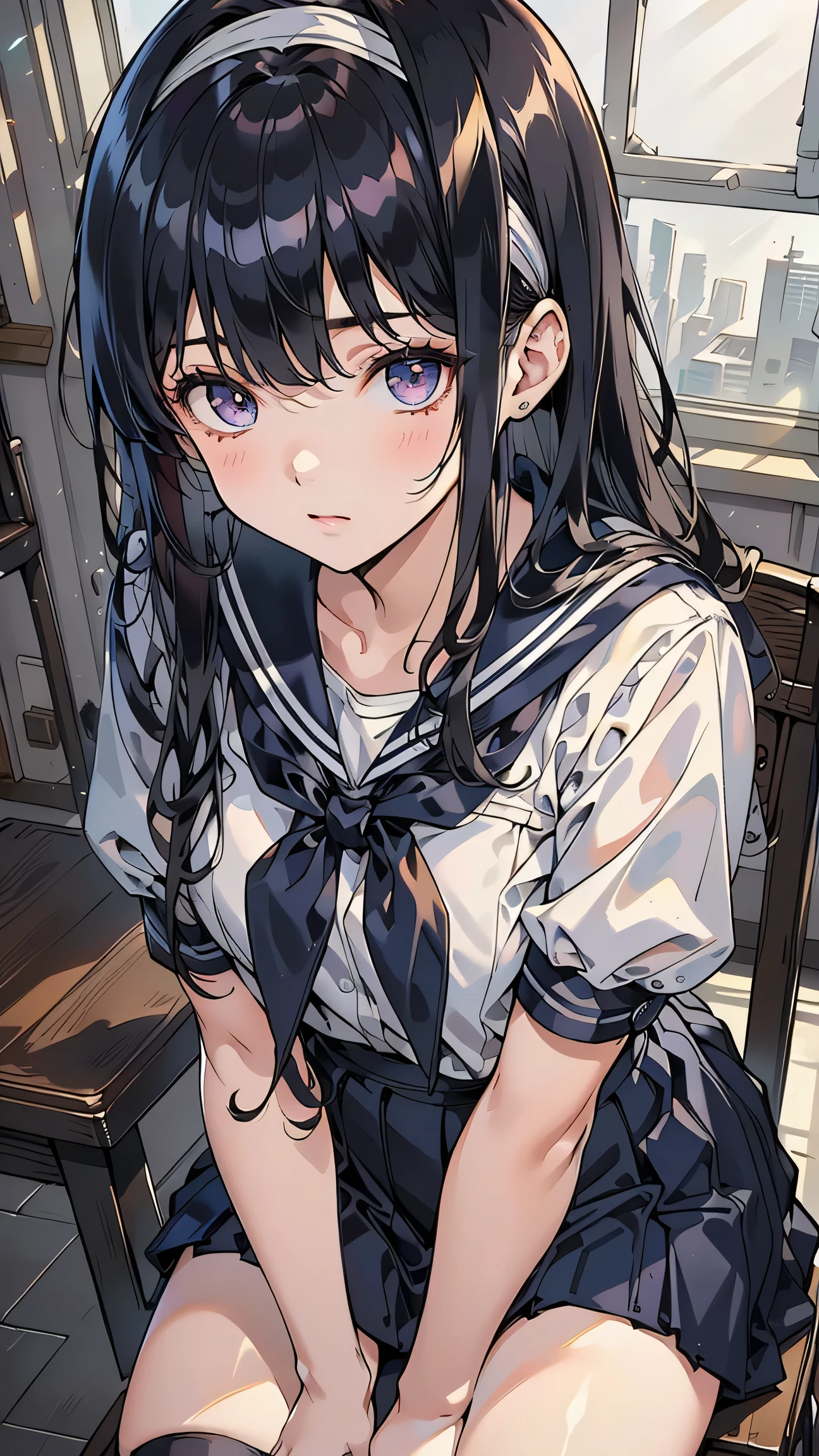 masterpiece, Highest Quality, Super Detailed, high resolution, 8k, very detailed, Intricate Details, sharp focus, perfect anatomy, detailed clothing, dynamic lighting, HDR, cinematic lighting, purple eyes, 1girl, (((dark haired, Long Hair))), (hair band at the top of the head, White:1.4), sailor uniform, (((dark blue short sleeve sailor suit))), Black Stockings, black garter belt, A room where soft light shines in, classroom, sitting on a chair, (staring at me shyly:1.4), Warm Light in the Room, fantastic, dreamy vibe,