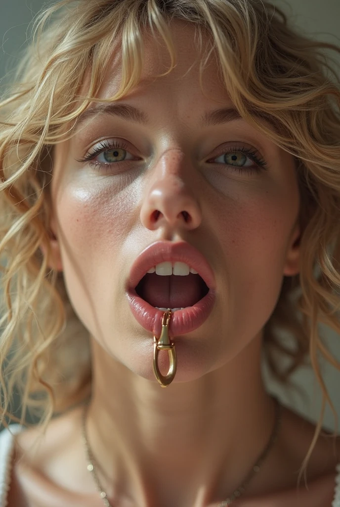 photo of a skinny very old wrinkly-faced faced mature blonde messy long hair thrown into a messy bun ponytail. She wears: (turtleneck soft high ribbed dark green super tight sweater:1.1),   pose, high tight ribbed neck,  smile, perfect fake tits,  eager granny, teasing sexy old lady, mouth retractor gag,   in mouth