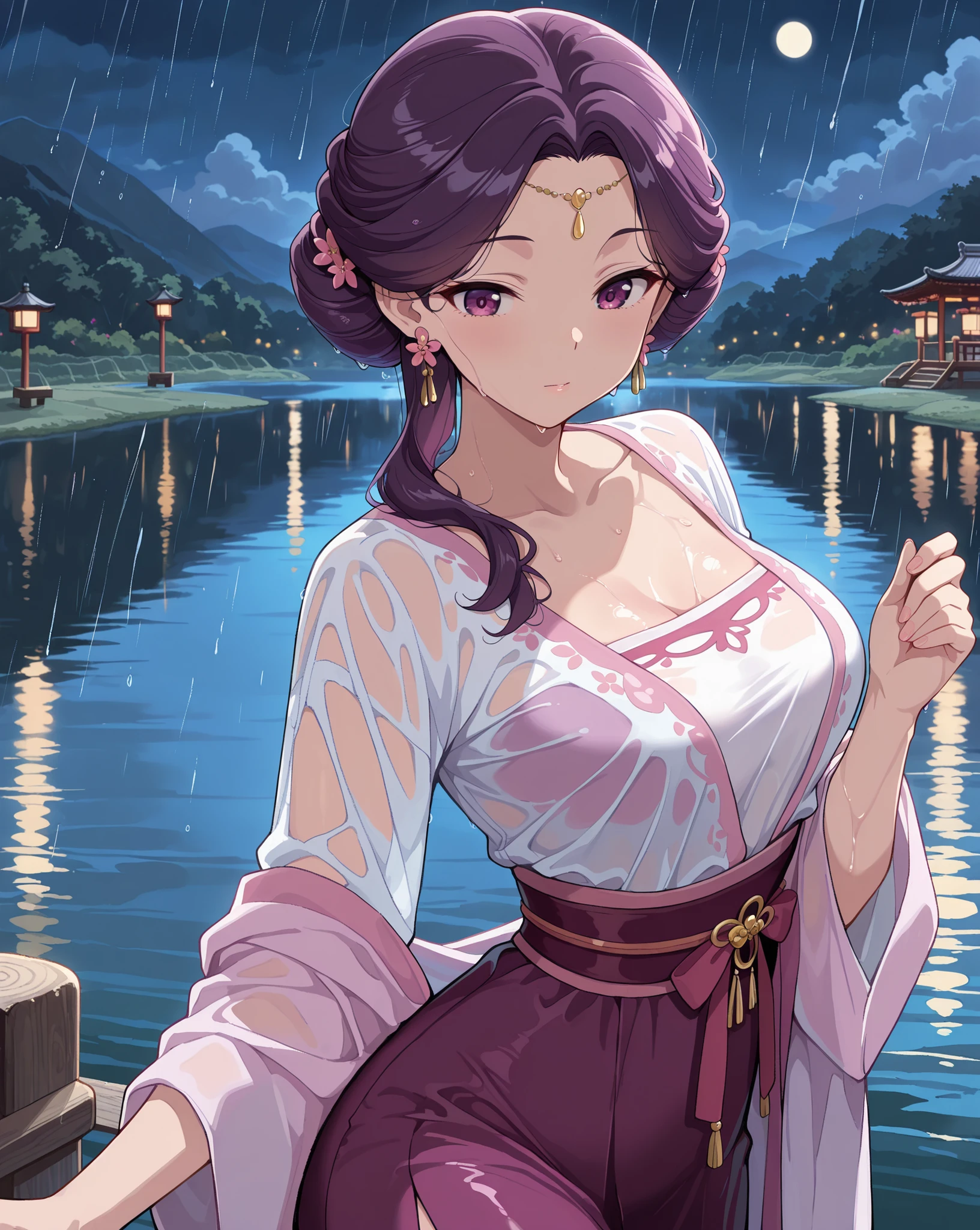 masterpiece, best quality, amazing quality, very aesthetic, intricate details, highly detailed background, 1girl, solo,
KJOyinghua, purple hair, purple eyes, hair flower, updo, earrings, hair over shoulder, yellow forehead jewelry, She is dancing in rain ((dancing outside at night)) (rain) (she is wet) ((at lake))