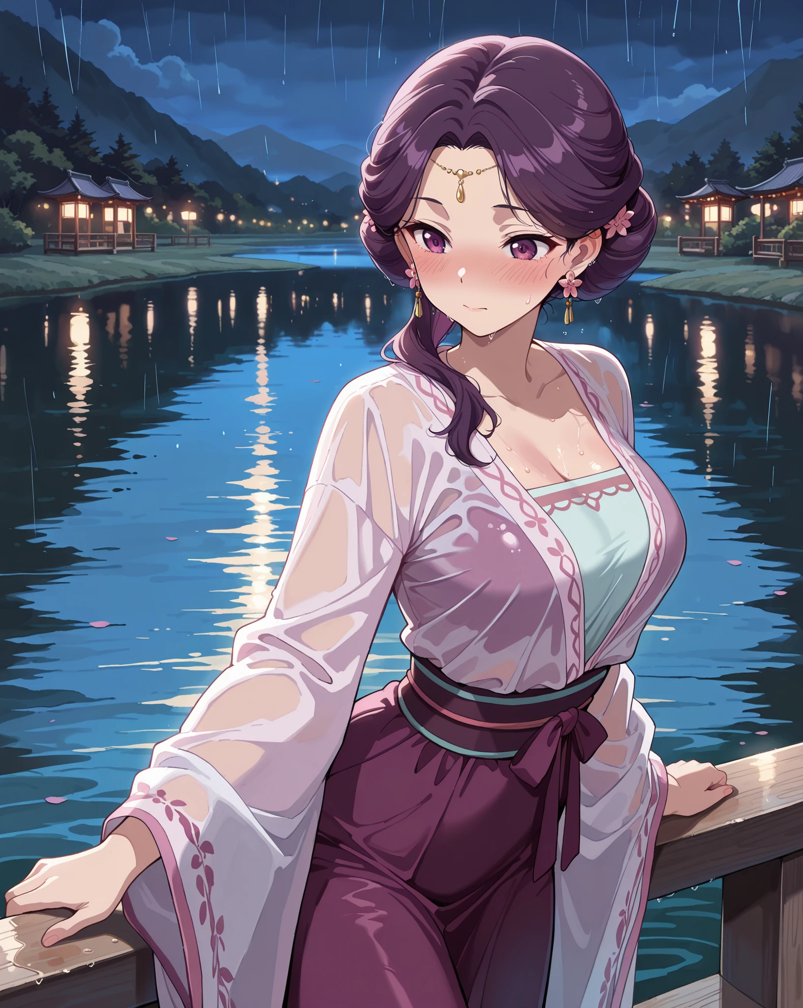 masterpiece, best quality, amazing quality, very aesthetic, intricate details, highly detailed background, 1girl, solo,
KJOyinghua, purple hair, purple eyes, hair flower, updo, earrings, hair over shoulder, yellow forehead jewelry, She is dancing in rain ((dancing outside at night)) (rain) (she is wet) ((at lake)) ((durnk)) ((blush))
