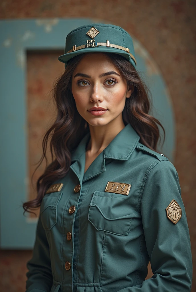 Mujer de estatura y complexion media, dark brown hair almost black and straight not so long, banita sonrisa y ayuelos, ohos medio y negros military uniform, rounded face, realistic, 4k 