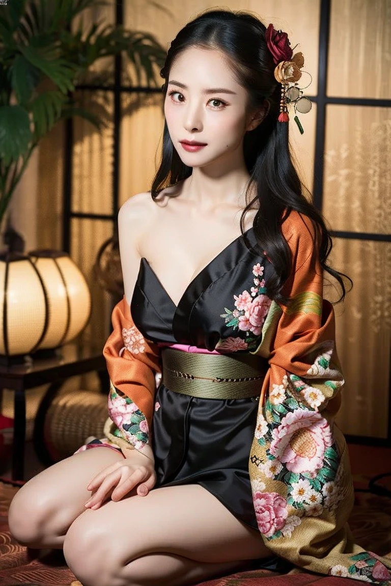 black hair, , Upper body, kimono, kimono, sash, compensate, lipstick, red nails, ,silk stockings ,　See-through hakama， ，ankle　,See-Through,, black nylon , silk stockings ,See-through、Plain,sheer ,enamel ,long hair