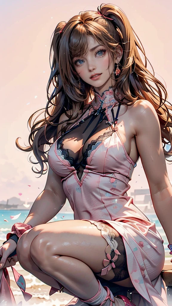 ((masterpiece)),((best quality)),((high detail)),((realistic,)), 1 shy girl, shy expression, elegant makeup, long brown hair, seductive eyes, bright lips, sexy pose, (beautiful detailed face: 1.0), smiling, feminine approach, tank top, tight top, white top, sensual cleavage, big breasts, pointed breasts, (perfect body), prominent nipples, bare abdomen, wind blowing, purple panties, standing and watching the sky, sunset in the city, tight clothes,