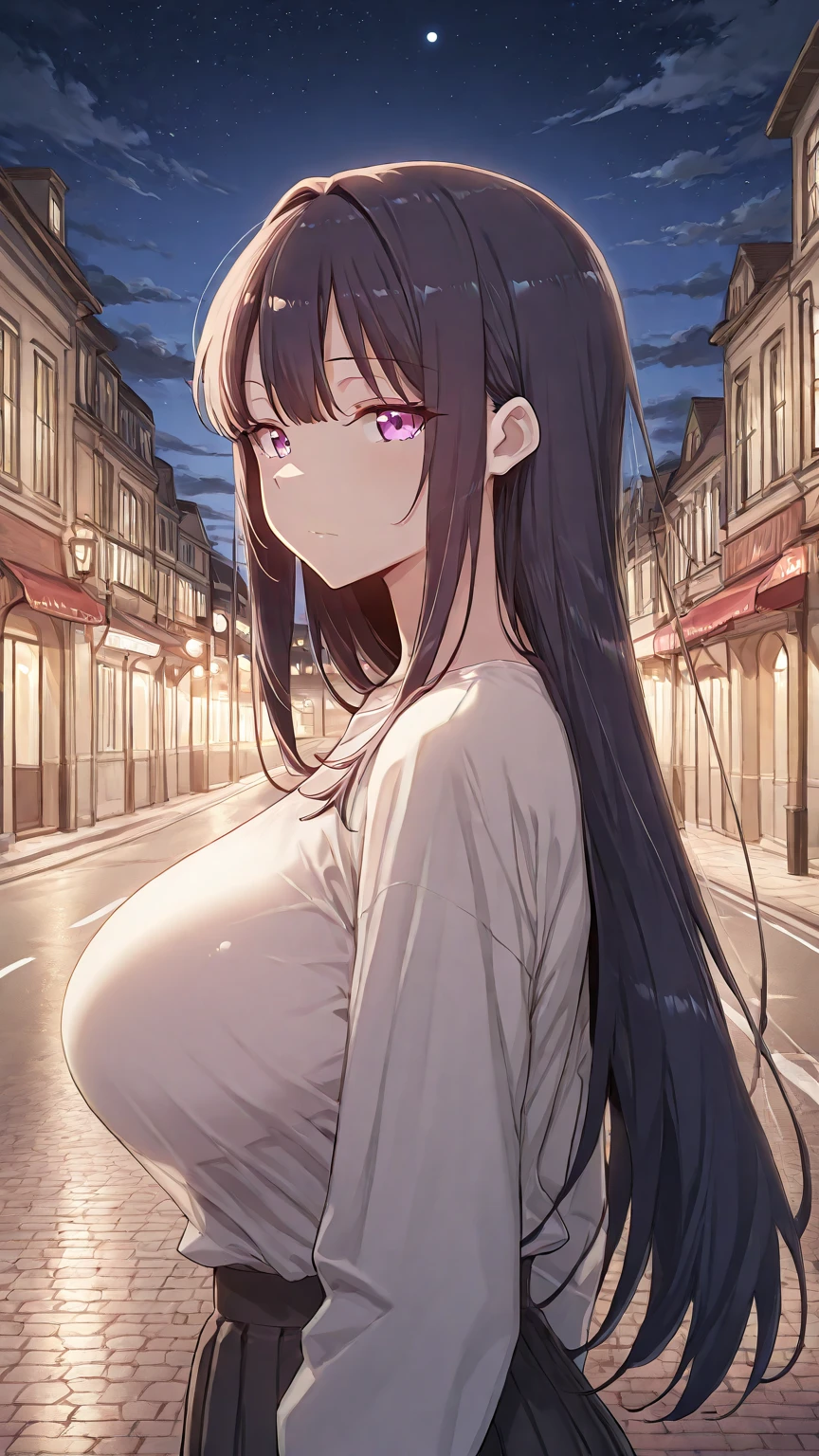 saeko busujima, long hair, purple hair, (purple eyes:1.1), hair between eyes, ((full body)), (masterpiece), (best quality), ultra high res, ultra detailed, detailed eyes, nipple under clothes, intricate, 1girl, looking at viewer, collarbone, ((huge breasts)), (masterpiece:1.2), (best quality), (ultra detailed), (8k, 4k, intricate), (85mm), light particles, lighting, (highly detailed:1.2), (detailed face:1.2), (gradients), colorful, (detailed eyes:1.2), (detailed background)