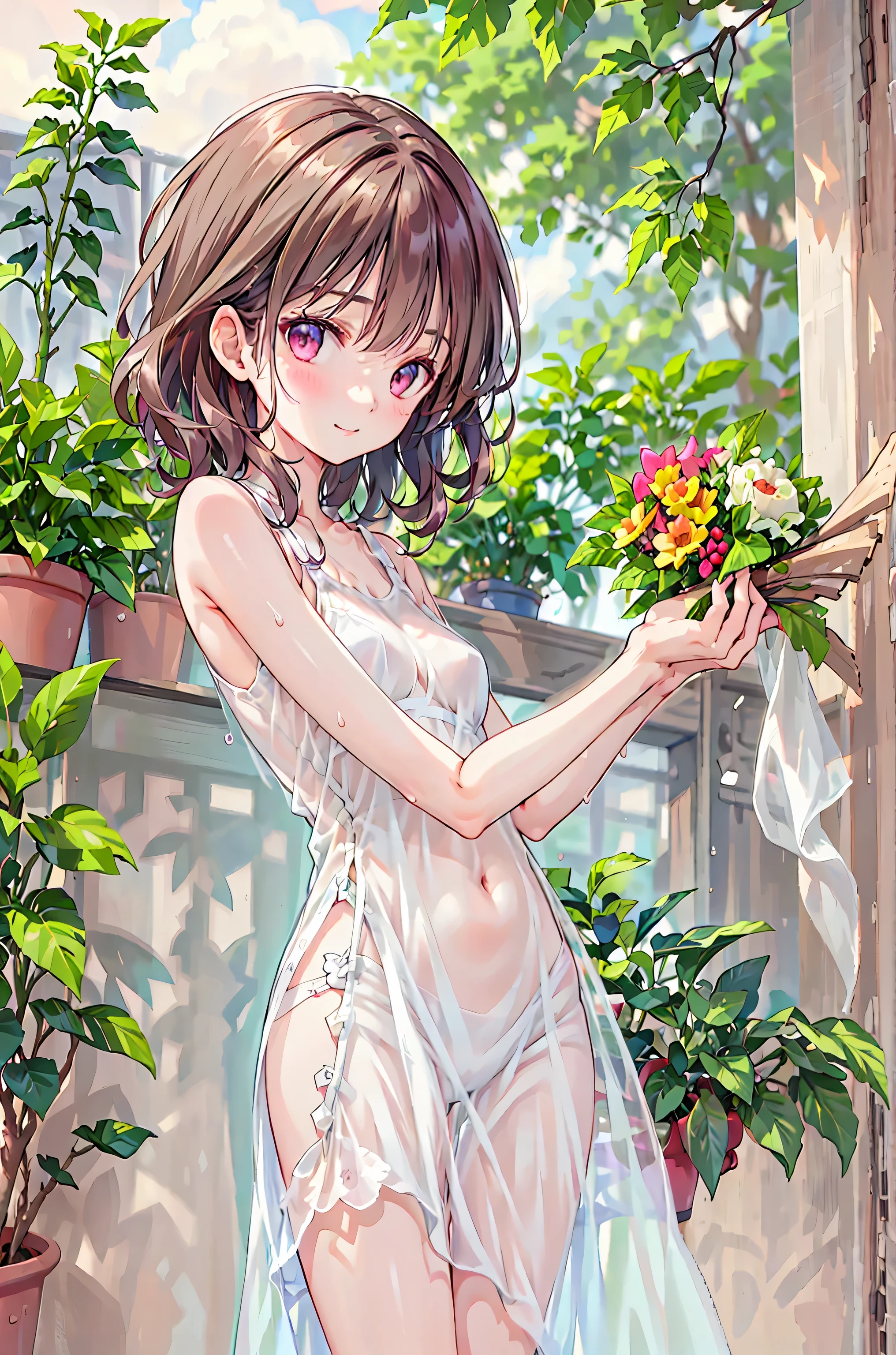 masterpiece,   high quality ,16 kg,8k,  beautiful ,get used to it, exquisite,extremely get used to it,    my hair，  shortcut seen from the side，  A slender beauty is fixed to the bed  ，finely get used to it,   high quality , insanely get used to it, ultra get used to it,    Ultra High Accuracy  ,   high quality ,   beautiful  face,  Japanese ,  on the body Be careful, Wet, she's short , small breasts,Maher's Leah_mouth,( throw:0.7),  shortcut seen from the sideヘア, realistic, (masterpiece:1.4, 最  high quality ), (複雑な  details),    Unity 8k 壁紙   , ultra   details, (  pastel:1.3), ((Black Camisole))  、   dynamic angle on the ranch in the morning、dynamic pose，beautiful  and aesthetic, 1 person,   details, 1 personで,     victorian style house     ,( pink curl hairstyle :1.3),(  Depth _body:1.5),smile