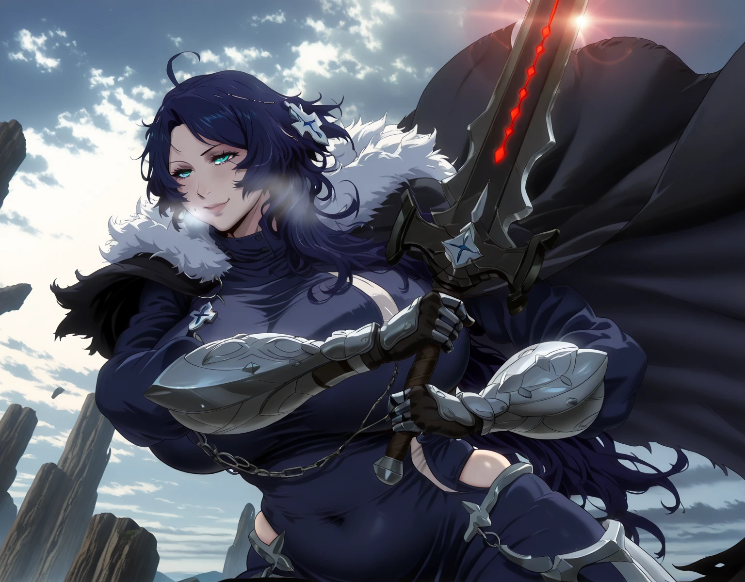 sirerg, Capycapy, ((anatomical correct)), ((Cinematic, unreal engine, eye-catching, ambient occlusion, UHD, masterpiece)), ((perfect lighting, soft shadow)), perfect body, perfect eyes, perfect fingers, gasping, heavy breathing, gasping profusely, ((skindentation)), ((curvy)), mora chester, very long hair, ((dark-blue hair)), head chain, cross hair ornament, ahoge, single sidelock, parted bangs, blue eyes, (voluptuous:1.5), (mature female:1.5), 1girl, weapon, sword, armor, solo, gauntlets, holding_weapon, holding, holding_sword, cape, fur_trim, armored_dress, smile, ahoge, fur-trimmed_cape, chain, glowing,