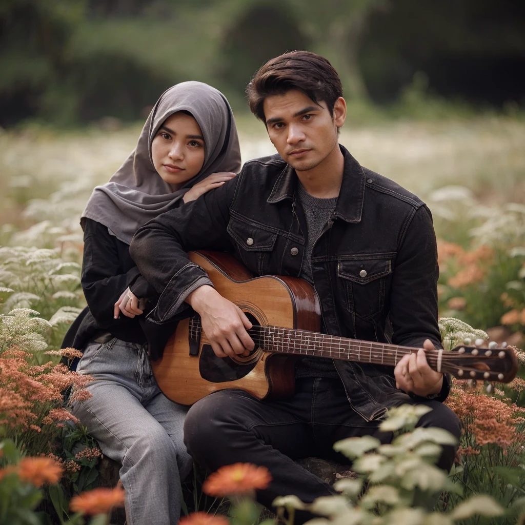 full body,  a handsome Indonesian man with black hair, wearing a white hoodie, black trousers, wear sneakers, he was playing guitar in a beautiful garden. behind him is a beautiful woman (his girlfriend) was embracing Lelski's neck, the black-haired woman was hugging Mersa. Their faces are facing forward looking at the camera, the picture is very clear,nyata realistic 64k