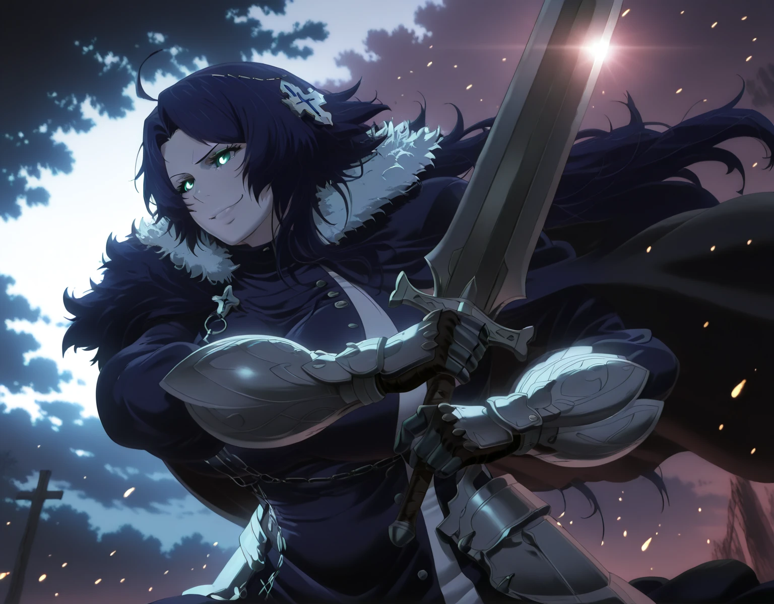 Babu_style, Capycapy, ((anatomical correct)), ((Cinematic, unreal engine, eye-catching, ambient occlusion, UHD, masterpiece)), ((perfect lighting, soft shadow)), perfect body, perfect eyes, perfect fingers, gasping, heavy breathing, gasping profusely, (()), mora chester, very long hair, ((dark-blue hair)), head chain, cross hair ornament, ahoge, single sidelock, parted bangs, blue eyes, (mature female:1.5), 1girl, weapon, sword, armor, solo, gauntlets, holding_weapon, holding, holding_sword, cape, fur_trim, armored_dress, smile, ahoge, fur-trimmed_cape, chain, glowing, embers