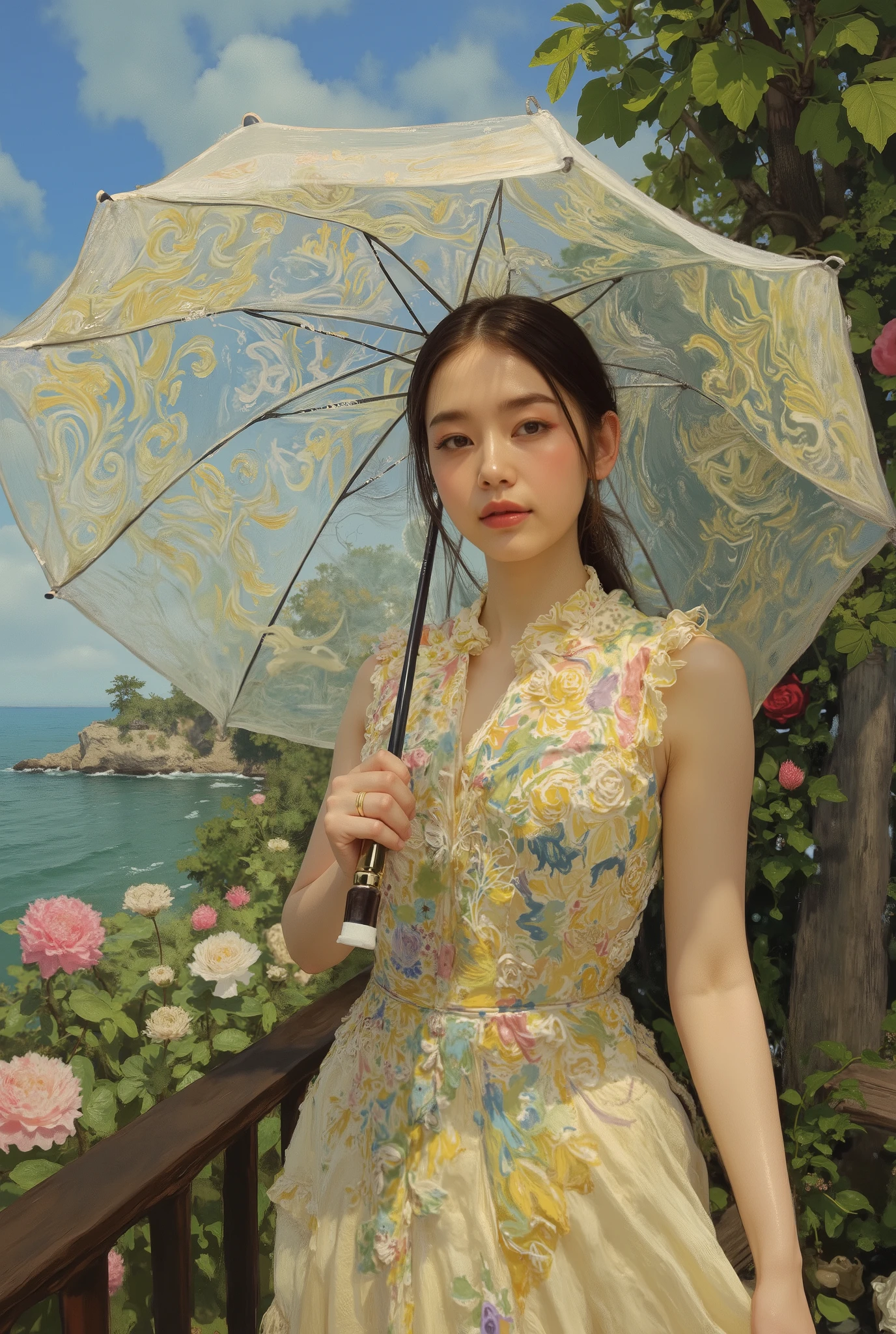 (best quality, 4k, highres, masterpiece:1.2) , ultra-detailed, (realistic, photorealistic:1.37), A photorealistic portrait of an elegant young woman standing, She is having a Sun Umbrella for Women, Claude Monet Scenery Excellent Quality、4K resolution、super definition、Realistic、PROFESSIONAL、Dynamic Range HDR、vibrant colors、bokeh、Impressionist style、oil、beautiful light、elegant atmosphere、Natural elements、In the sunshine、marine scenery、delicate texture、Elegant posture, 19rth century, she is taking a walk, hyper detailed moist skinn texture,
