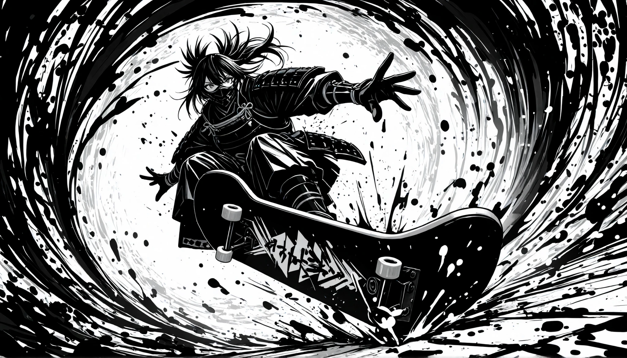 Sumi-e style monochrome illustration of a lone samurai wearing stylish, ornate Japanese armor, captured in an extreme close-up dynamic shot while performing a spectacular skateboard trick in mid-air, bold ink brush strokes, high contrast black and white tones, splashes of ink flying around, cinematic composition, intense motion blur, dramatic lighting, minimalist background, designed for a viral EDM music cover thumbnail, centered subject, modern and traditional fusion, ultra-detailed, high resolution, 16:9 aspect ratio