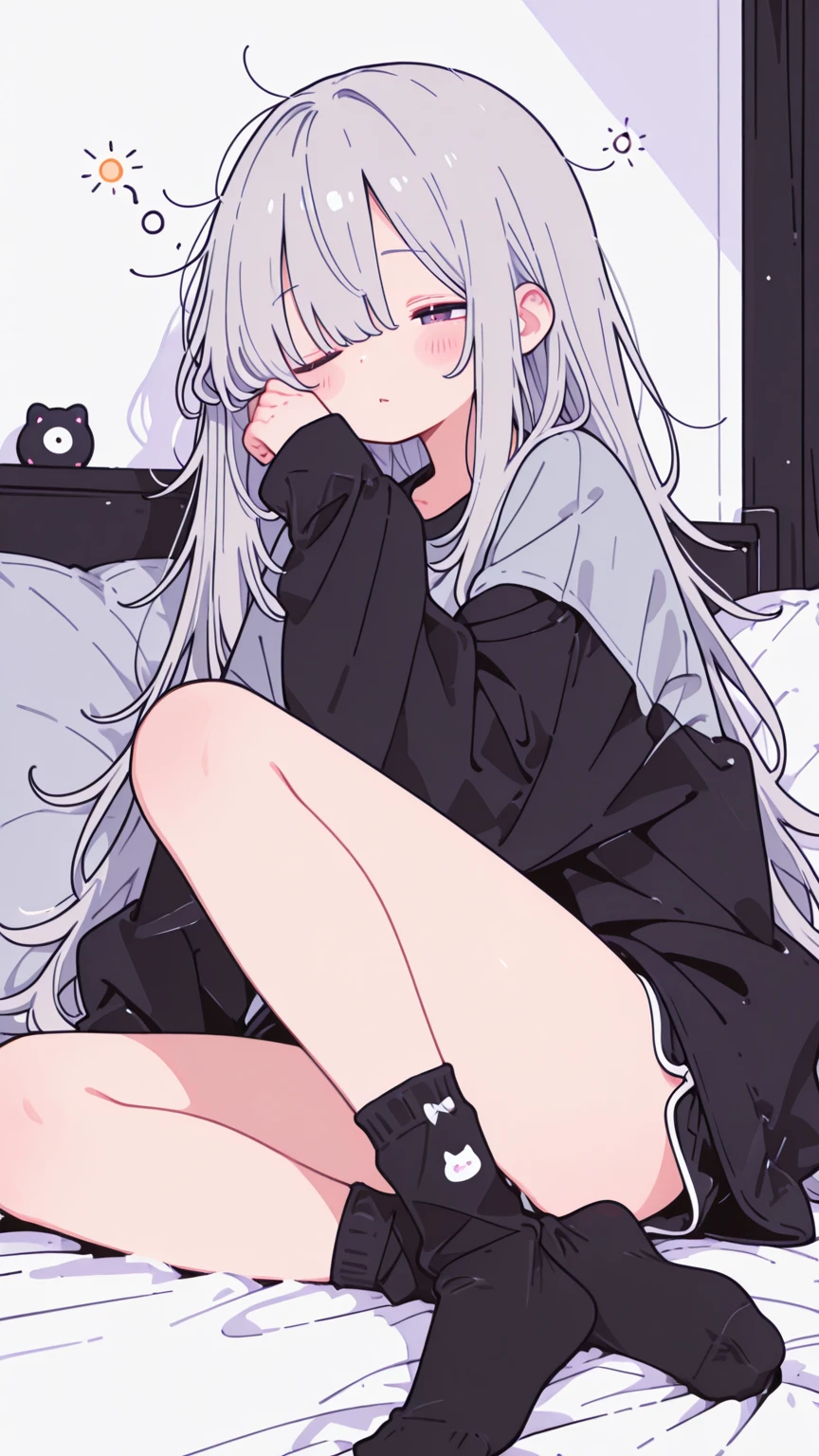 Elf Girl、8-year-old、Medium-long silver hair、Silver Eyes、Big black t-shirt、No bottoms worn、barefoot、Seductive expression、Full body portrait