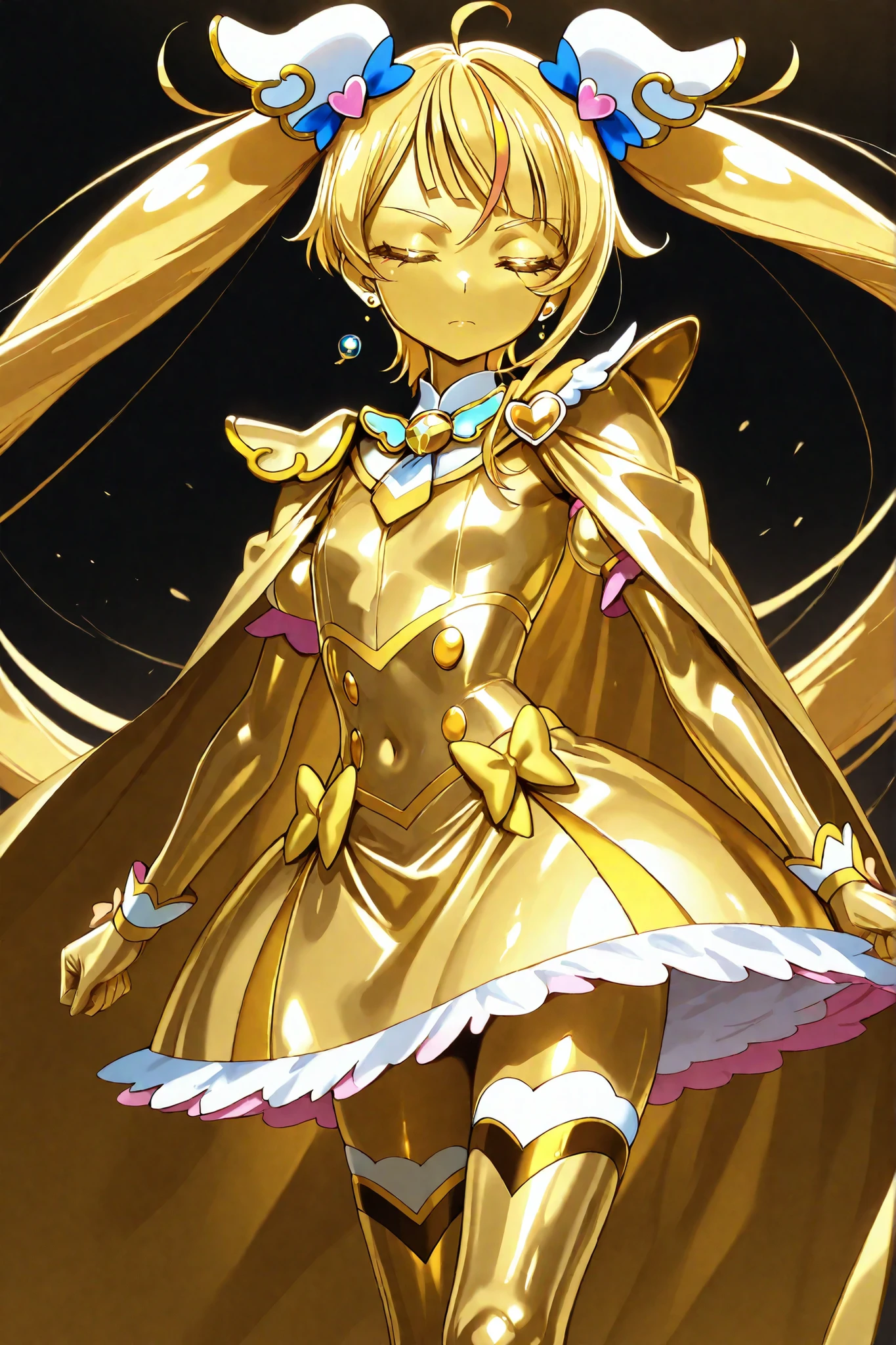 Cure Sky, masterpiece, best quality, Newest, Very High Definition, closed eyes, yellow hair, yellow sclera, closed mouth, No students, Yellow skin, shiny skin, metal skin, Black eyebrows, Slanted eyebrows, 1girl, solo, Cowboy Shots, all over, dynamic, Looking at the viewer, sleeping, Serious Expression, black background, Hands on Her Hips, Gold_butterfly hair ornament, Long Hair, Gold_Knee Socks, 太ももまで長いKnee Socks, Magical Girl, Gold_skirt, under skirt, hair ornament, Gold_gem, Gold_gloves, Gold_twin tails, Gold_ribbon, golden hair ornament, Gold_cloak, metallic outfit, Everything you wear on your body is gold