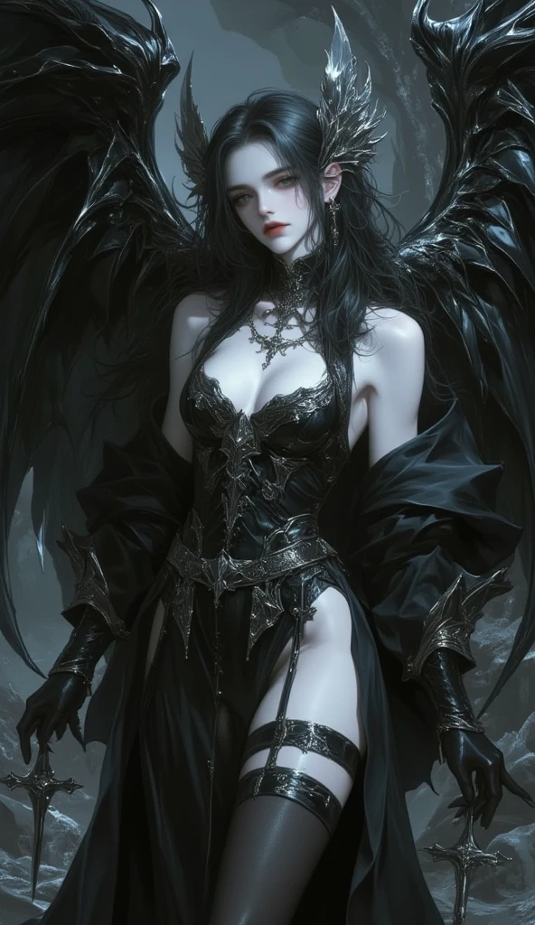 a gothic pale woman with beautifully tattooed horns, a goddess of darkness with seductive features and demon wings, (intense and seductive) eyes, a (pale and flawless) face, (sharp and captivating) cheekbones, (plump and alluring) lips, (flowing and dark) hair, (mysterious and enchanting) aura, (elegant and tasteful) black clothing, (intricately designed) tattoos, (sinister and alluring) presence, (allurignly) confident stance, (subtly) glowing eyes, (graceful and strong) body language, (mesmerizing) gaze, (hauntingly) beautiful expression, (charmingly) crooked smile, (faint and delicate) horns, (delicate and intricate) wing details, (sharp and ominous) edges, (dark and ominous) wingspan, (gracefully) extended wings, (elegant and graceful) poses, (ethereal and enchanting) background, (subtle and atmospheric) lighting, (dark and moody) color palette, (mysterious and captivating) atmosphere, (dramatic and intense) shadows, (intricately) detailed artwork, (high contrast and dramatic) portraits, (hauntingly) beautiful scenery, (majestic and mystical) vibes, (emotionally) powerful imagery, (rich and deep) textures, (hypnotic) visual effects, (dreamlike) illusions, (intense and mesmerizing) compositions, (stunning and immersive) realism.