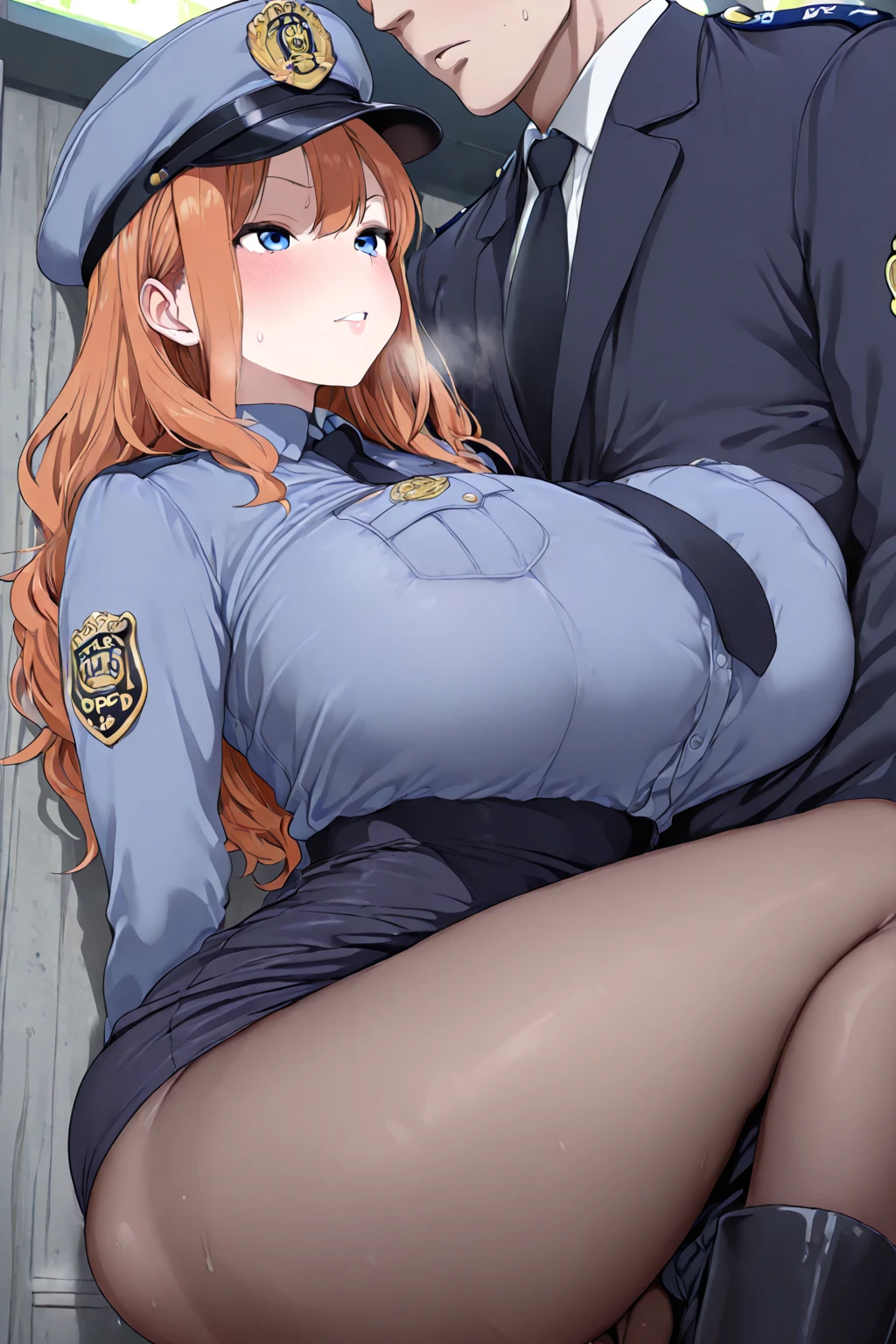 ((1 girl and 1 boy having sex, boy put his penis into girl's vagina)), girl moaning, girl cumming out, girl drooling, can see girl's bare breasts, girl show nipples, ((dynamic sex)), rough sex, girl, open legs, There's cum dripping from her pussy and body, cum drip, no underwear, no bra, no panties, red lips, eye shadow, large breasts, (split), seductive face, full blush, clear blush, (highres:1.2), ultra detailed, detailed face, detailed eyes, ((masterpiece)),(best quality),((very detailed)), ((cinematic lighting)), (dynamic angle), detailed lighting, (beautiful and delicate eyes), sweaty body, Mature and excited body, vibrant, Delicate and beautiful fingers, Detailed beautiful legs, windy, belly, lifted skirts, gloves, looking at viewer, Super Detail, Ultra-realistic body, Shiny skin, Glossy detailed hair texture, Black dark eyeshadow、Heavy makeup、(mature female), tricorne, black pantyhose, earrings, white gloves, pencil skirt, white shirt, thigh strap, underbust, ascot, ponytail, pink hair, orange eyes, ((police girl))