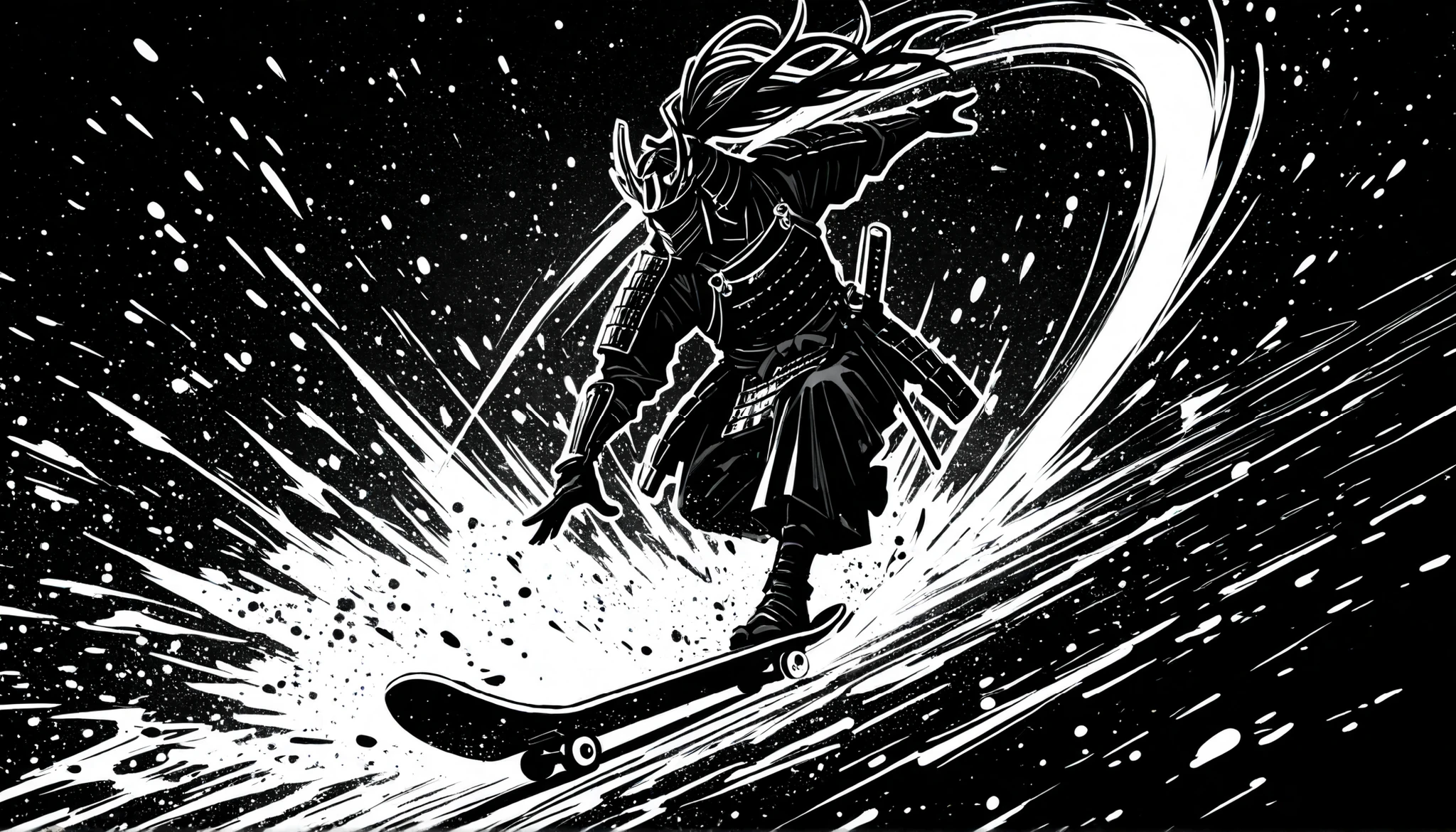 Sumi-e style monochrome illustration of a lone samurai wearing stylish, ornate Japanese armor, captured in an extreme close-up dynamic shot while performing a spectacular skateboard trick in mid-air, bold ink brush strokes, high contrast black and white tones, splashes of ink flying around, cinematic composition, intense motion blur, dramatic lighting, minimalist background, designed for a viral EDM music cover thumbnail, centered subject, modern and traditional fusion, ultra-detailed, high resolution, 16:9 aspect ratio