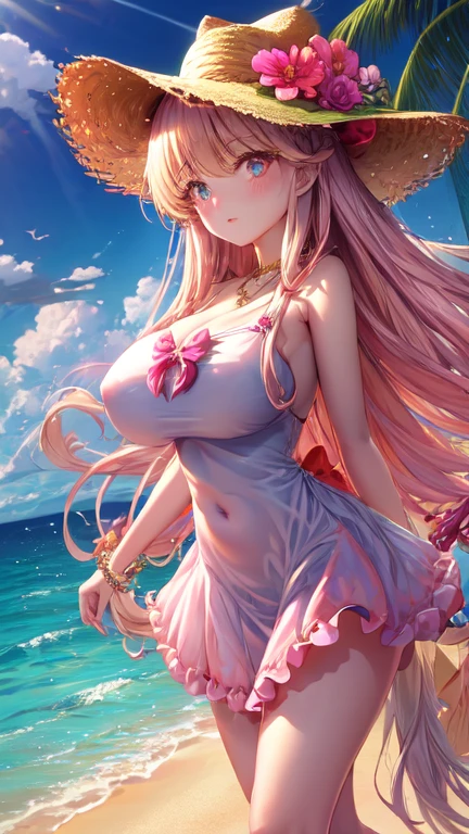 masterpiece、Background with((sea side、sand beach))、15yo student、a beauty girl、Pink hair、huge tit、Embroidery with attention to detail in the dress、skirt by the、perspiring、Hair wetness、Bunching hair、poneyTail、sexypose