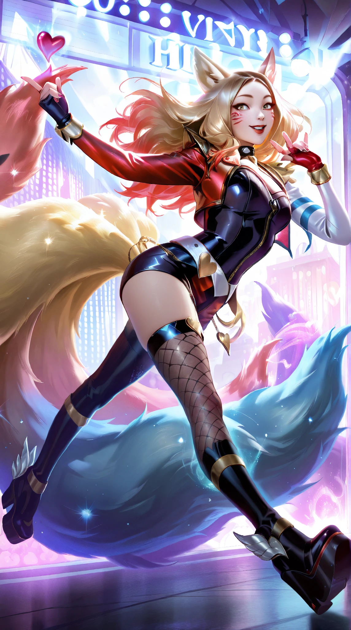 (masterpiece, best quality:1.2), intricate details, <lyco:GoodHands-beta2:1.0> <lora:soul_fighter_evelynn_lol-000014:1>, soul fighter evelynn, 1girl, cropped jacket, hat, pants, short hair, blonde hair, cleavage, purple lips, from below