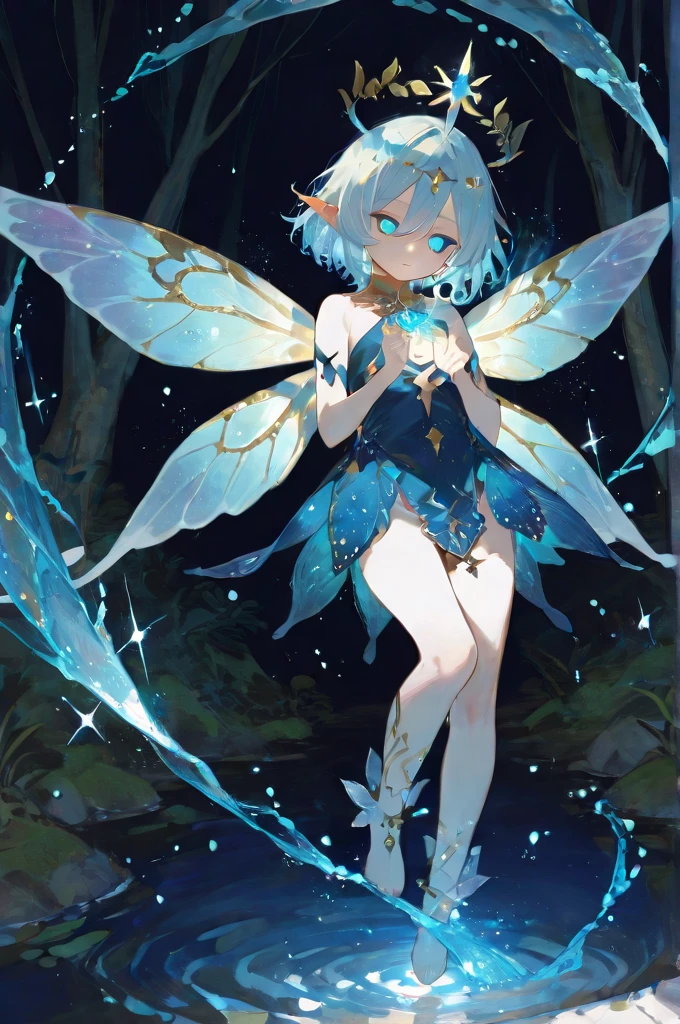 Illustration of a whimsical, ethereal fairy with metallic wings and a playful expression, surrounded by swirling patterns of light and energy as it interacts with a powerful GPU, highlighting the fusion of technology and magic.