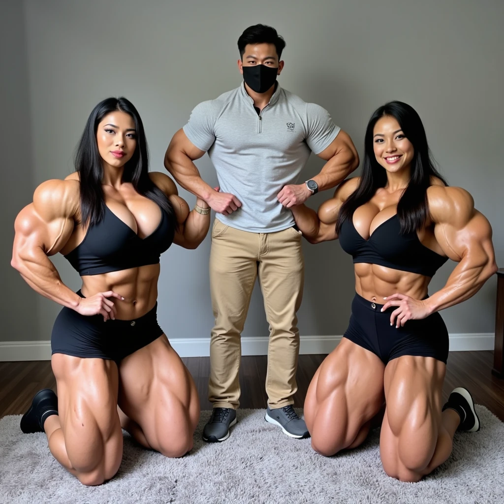 There is only one handsome Asian actor in the photo,35 years old,High target, Fitness,short hair, O-Shaped Beard,Perfect body, Dark skin color,Radiant Skin,Smooth skin,Muscle bulge, muscular, Very large pectoral muscles,Very sexy abdominal muscles,Very well-developed leg muscles,Huge concave and convex area,Brightens oily skin,Wearing black leather shiny thong,Handsome face, Correct and accurate male body proportions, Wear black socks,There are iron chains around the body,Stand among the flowers。