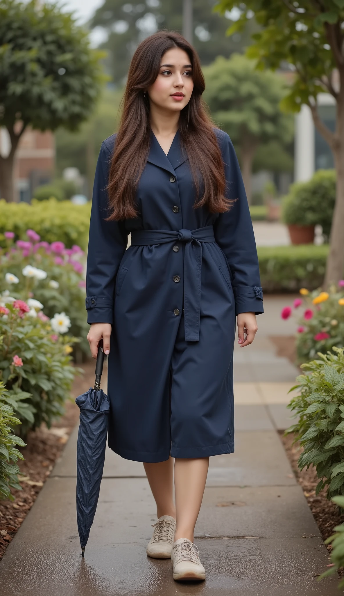 Create a realistic full-body right-profile walking portrait of the same 18-year-old Pakistani-Russian woman, porcelain fair glowing skin, deep brown expressive eyes, softly pointed nose, long silky chestnut hair tied in a neat low ponytail, consistent facial features, same face proportions, natural light makeup, on a flower-lined garden pathway with fresh greenery, background softly blurred bokeh, DSLR ultra-detailed photo, realistic skin texture, natural warm daylight, soft natural shadows, photorealistic, high fidelity, sharp focus, 9:16 aspect ratio. Wearing a matte navy raincoat with belt tied, neutral sneakers, closed umbrella in hand. Left-to-right motion, gaze forward off-camera, relaxed expression, subtle foot lift, consistent nose and jawline profile; slight motion blur in limbs only. Same identity across images, consistent facial features and body proportions, avoid identity drift; outfits vary but remain modest and non-revealing for safe training.