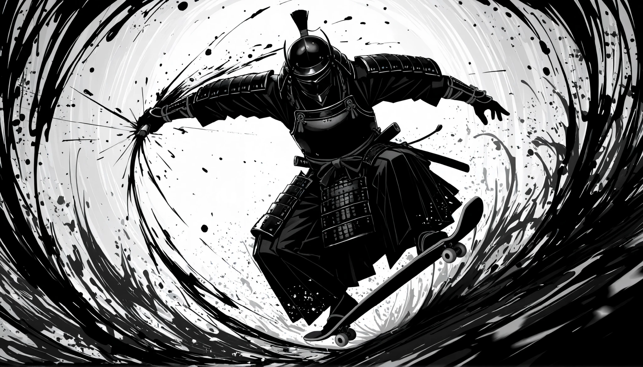 Sumi-e style monochrome illustration of a lone samurai wearing stylish, ornate Japanese armor, captured in an extreme close-up dynamic shot while performing a spectacular skateboard trick in mid-air, bold ink brush strokes, high contrast black and white tones, splashes of ink flying around, cinematic composition, intense motion blur, dramatic lighting, minimalist background, designed for a viral EDM music cover thumbnail, centered subject, modern and traditional fusion, ultra-detailed, high resolution, 16:9 aspect ratio