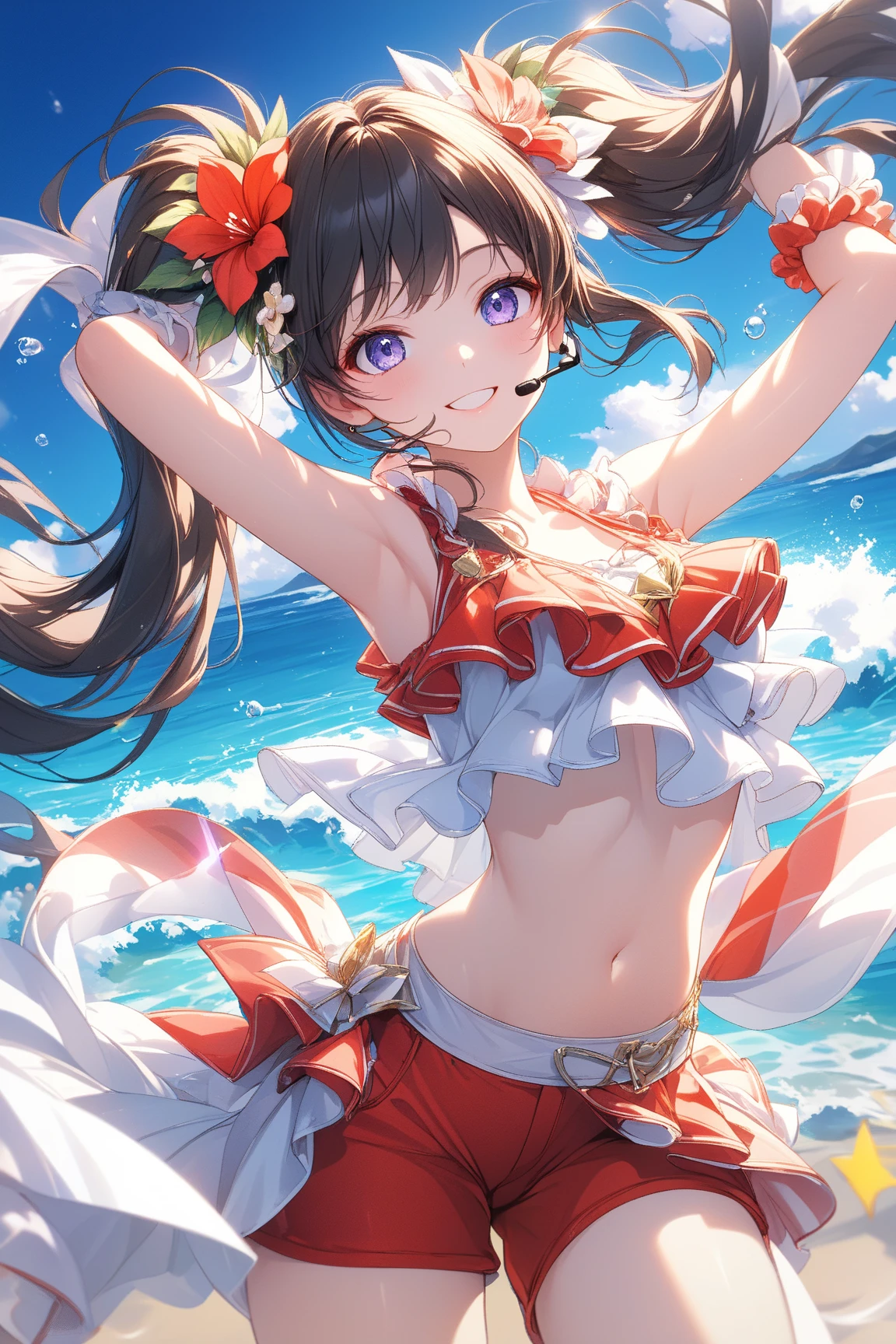 high-level image quality、hightquality、4K,8K,「A cute girl wearing reindeer-themed clothes is on the beach。She is wearing a bikini inspired by reindeer colors and designs。。.、he has small horns on his head。Her expression looks happy and playful。Christmas decorations are scattered on the beach.、With the deep blue sky and sea in the background.。This scene is、Recreate the festive and bright holiday atmosphere。。」