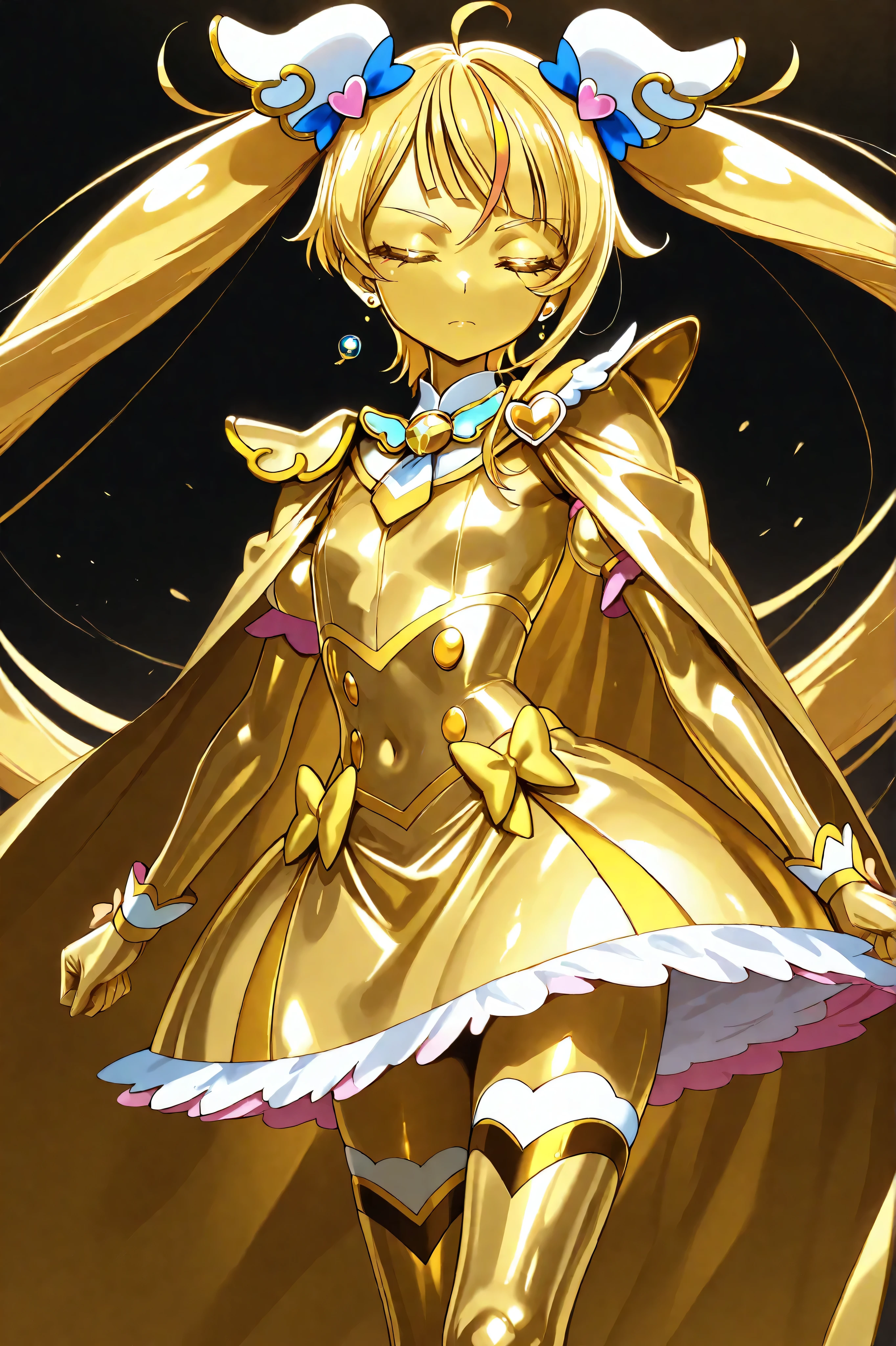 Cure Sky, masterpiece, best quality, Newest, Very High Definition, closed eyes, yellow hair, yellow sclera, closed mouth, No students, Yellow skin, shiny skin, metal skin, Black eyebrows, Slanted eyebrows, 1girl, solo, Cowboy Shots, all over, dynamic, Looking at the viewer, sleeping, Serious Expression, black background, Hands on Her Hips, Gold_butterfly hair ornament, Long Hair, Gold_Knee Socks, 太ももまで長いKnee Socks, Magical Girl, Gold_skirt, under skirt, hair ornament, Gold_gem, Gold_gloves, Gold_twin tails, Gold_ribbon, golden hair ornament, Gold_cloak, metallic outfit, Everything you wear on your body is gold