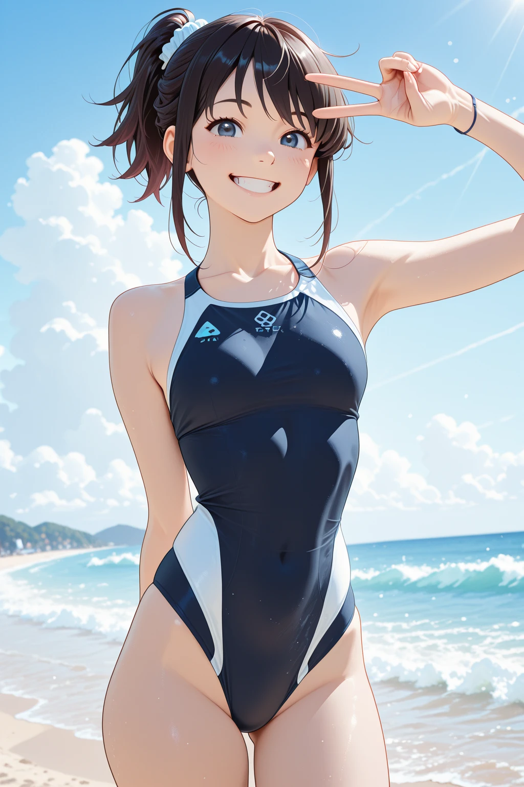 (masterpiece, best quality, 8k ultra high resolution:1.4), (Tropical, Beachside, Flowers: 1.4), depth of field, cinematic focus, from dramatic angle, emotional composition
BREAK
young kawaii girl, slender body, flat chest, provocative and smirk and love face expression, ultra detailed shiny skin, dark blue one-piece swimsuit, (wet and shiny detailed swimsuits: 1.2), wet and shiny thighs, perfect beautiful hip
BREAK
(realistic: 1.2), beautiful pony-tail hair, wind, detailed in the wind, petals dancing in the wind
BREAK
ultra detailed crystal eyes, bright red jewelry eyes