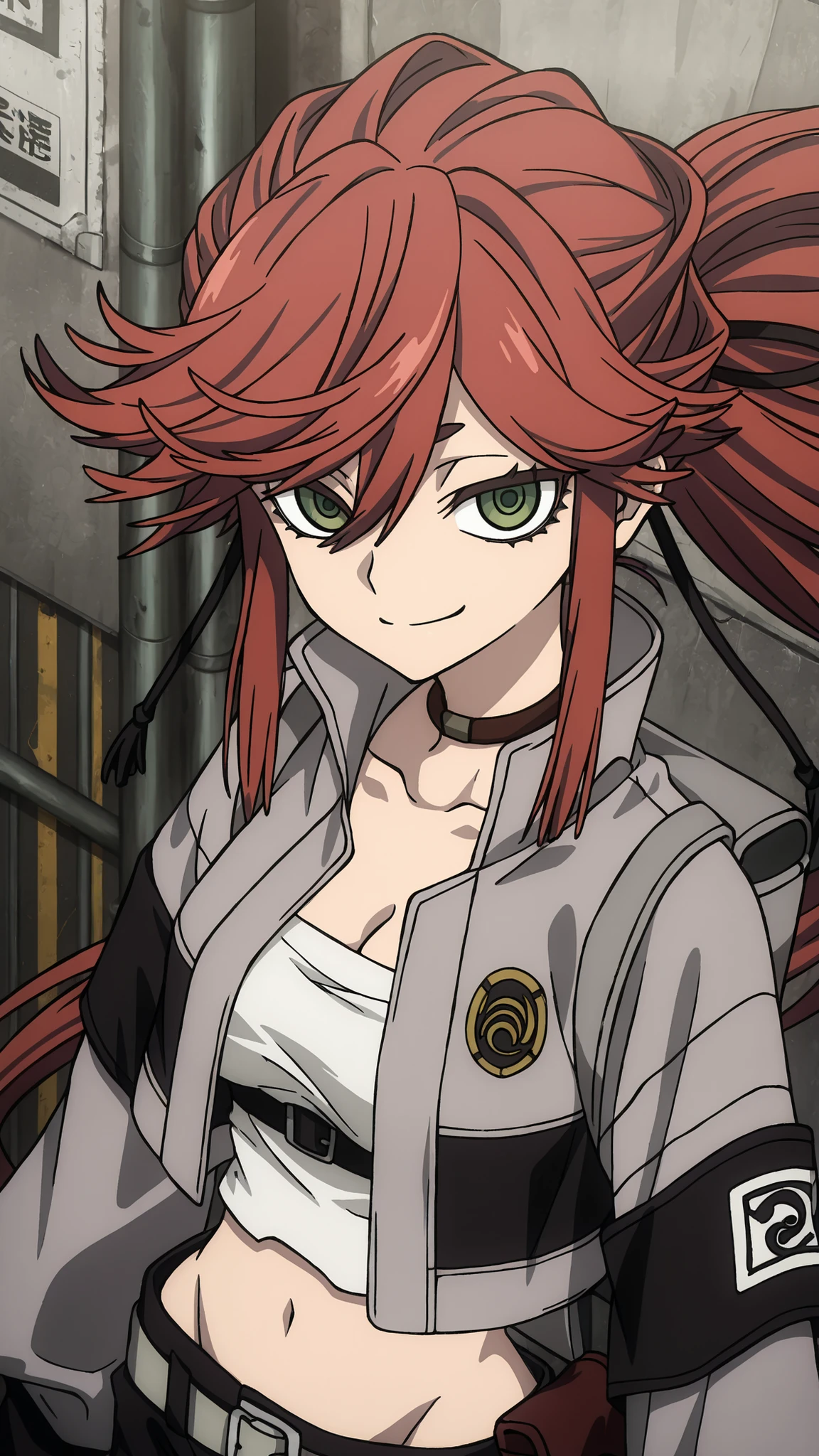 Reaper Riyou,
High quality , best quality , masterpiece, High Resolution , detailed face( LoRA: Riyou),anatomically correct, detailed hairstyle( LoRA: Riyou),anime Coloring,
solo, 1 girl
ponytail, spiked hair, long hair, red hair, green eyes
brown choker, cropped jacket, grey jacket, white tube top, cleavage, small breasts,, long sleeves, sleeves past wrists, armband, midriff, navel, grey belt, short shorts, black shorts, belt pouch,
looking at viewer ,close up,from above,upper body
,, Rough city,
,, light smile,smirk