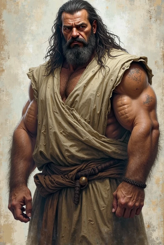 Giant and strong man, of tangled hair and beard . Dressed as a caveman