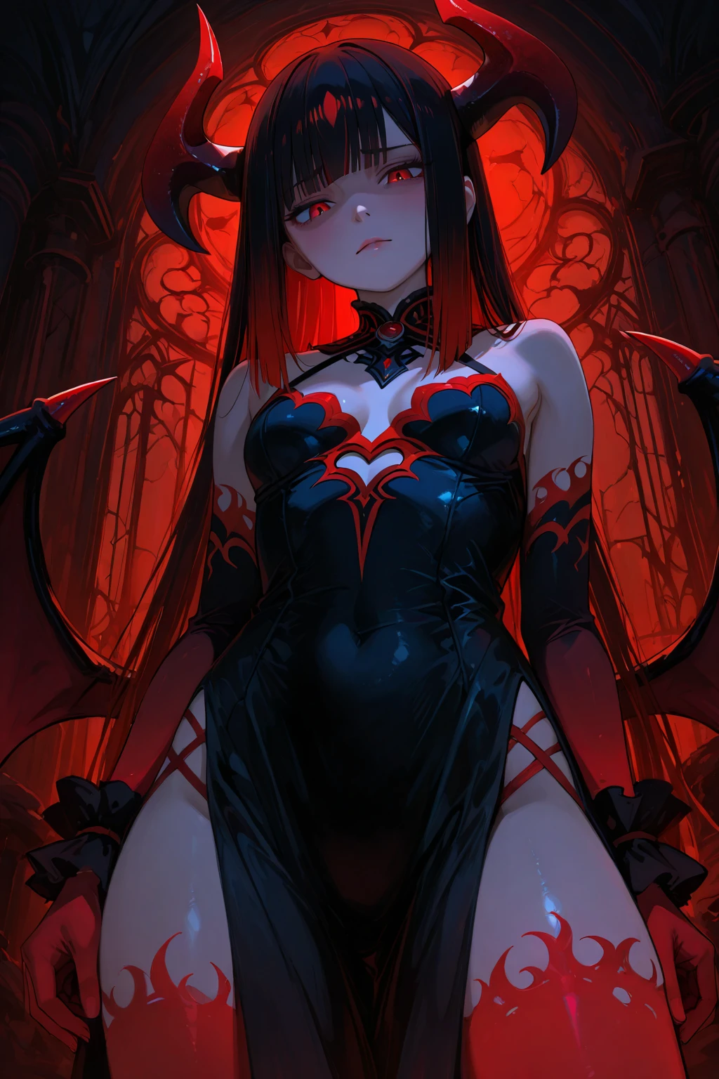 (((masterpiece))),(((best quality))),(((extremely detailed))),illustration, 1girl,solo,mysterious,dark color, matte, red underworld lair, (black hair),(red eyeull body, stocking, long hair chaos nature, skulls, ,underworld, Dome ,close up ,Dynamic actions, Lens perspective,(((Box composition))),sit cross-legged and lean against the throne, volumetric lighting, multi-color eyes, detailed eyes, hyper detailed, evil smile, highly detailed, beautiful, small details, ultra detailed, best quality, intricate, 4k, 8k, trending on artstation, good anatomy, beautiful lighting, award-winning, (((high quality))), full body