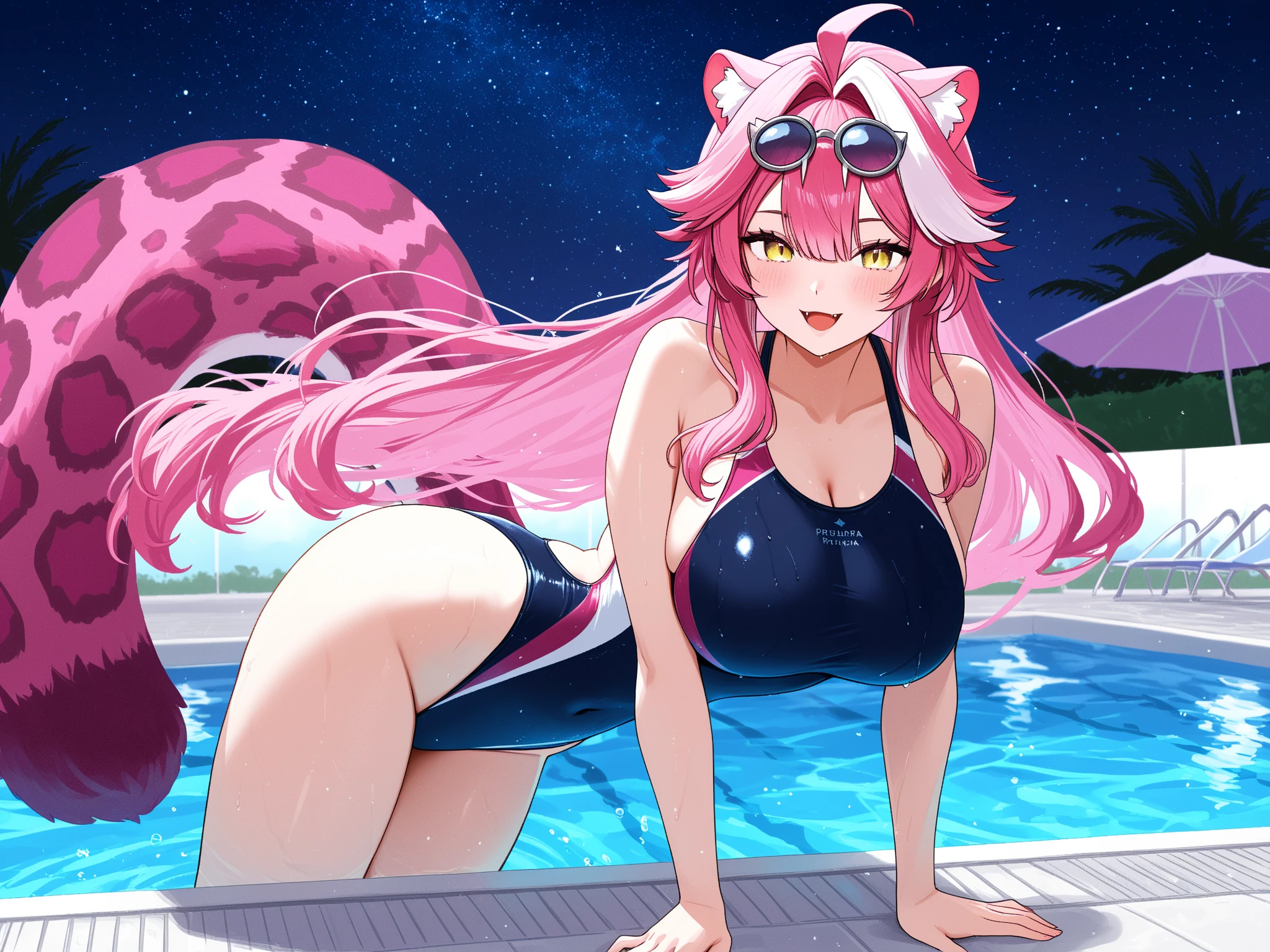(Highres), ((masterpiece)) (((((Solo)))) (Hot Pink Slime girl), (very long pink hair, (beautiful gold eyes), ((character is covered in pink liquid)), ((full of hot pink liquid)), Anime style 4K, Anime Wallpaper, (chubby), curvy hips, (detailed eyes), very long hair, house porch, beach view, (wide hips), sexually suggestive, naked, (at a pool, in a backyard), (slime horns), (C cups), character is covered in slime, various poses, smiling, (pink slime everywhere), (cat ears), (cat tail), (core), blushing, (transparent), (horizon:1.4), (various poses), (beautiful sky), (playing in the water), (beautiful eyes), (((sunny day))), (beautiful clouds), (on back), (wallpaper), (mature face)