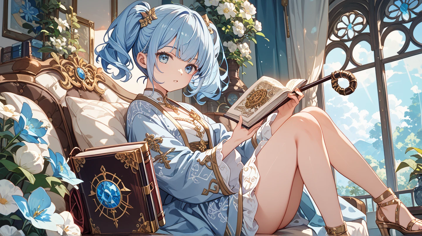 Ultra HD 2D art, close-up (1girl), light blue hair, 2D animation style, soft and delicate depiction, (full body art), landscape mode, masterpiece by Guweiz and James Jean, (full body), 一个文学少女, musket, 黑色金边的简约高贵的贵族学校制服, 短裙配纯白过膝袜显出绝对领域，白色过膝袜，天蓝色短发， short blue hair, glowing blue eyes, 简约的红色无上边框的眼镜，正在看一本书，气质清新优雅弱势，dashing, cold, beautiful, blowing_smoke, background is blue-black flowing smoke, ambilight