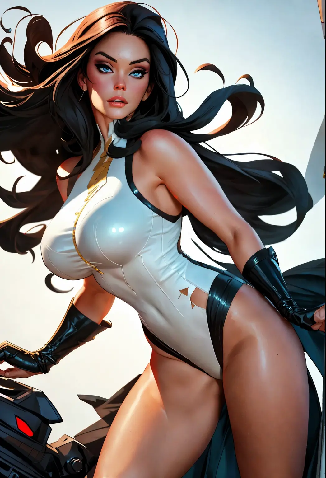 Alison Tyler vestindo um traje espacial justo branco de seda com detalhes em renda branca, futurista cyberpunk, decotado (((corpo inteiro))) no painel de quadrinhos, corpo todo, bold lineart illustration comics, olhos azuis, parted lips, Corpo perfeito, Fitness, sfw, ao estilo de Adam Hughes, (((obra prima))), Explore retro-futuristic aesthetics, highlighting your confidence and skill. In the top of building, big city night