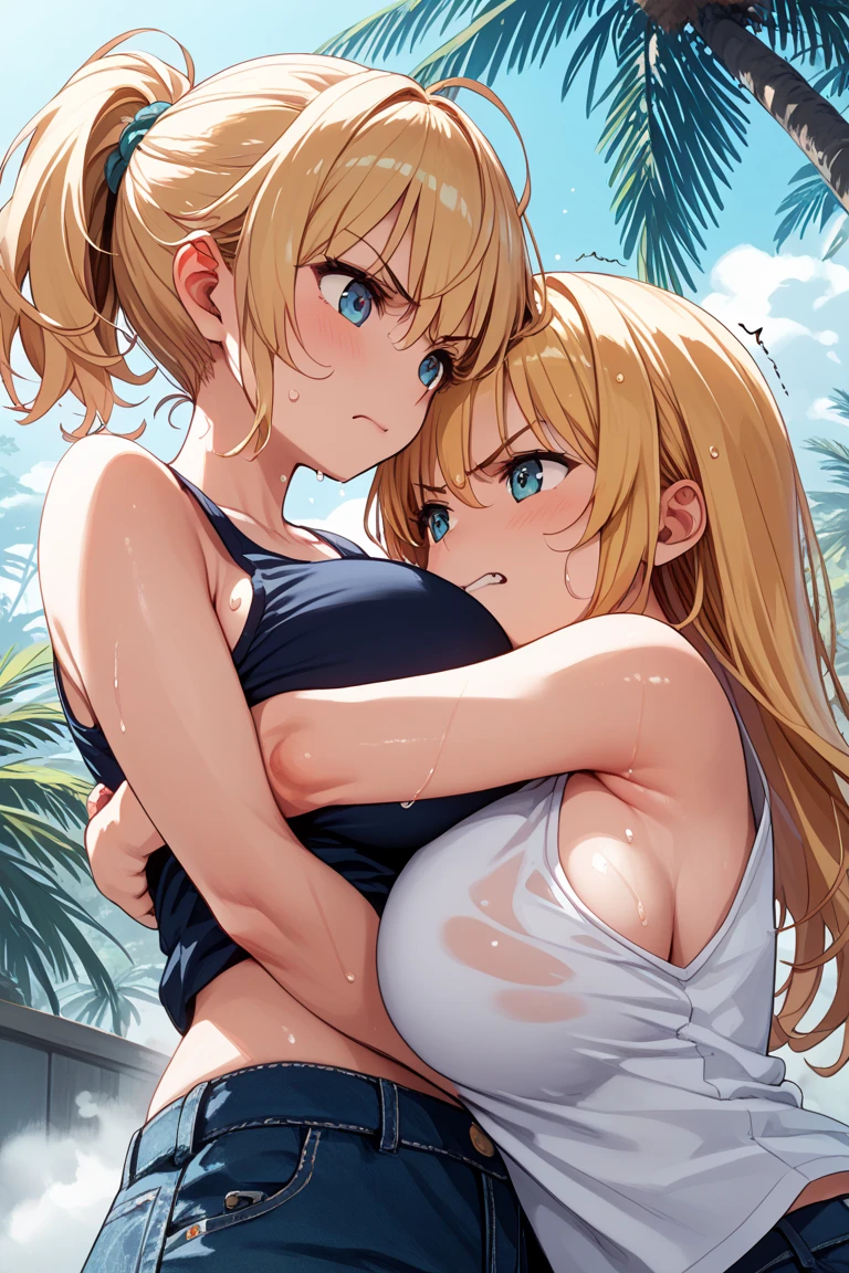 {{back track rich,2girls,{{kazusa,blonde hair,blue eyes},{{Kazusa Kyoyama}},Breast Matching,Scramble,grabbing breasts,{{cow-bikinis}}