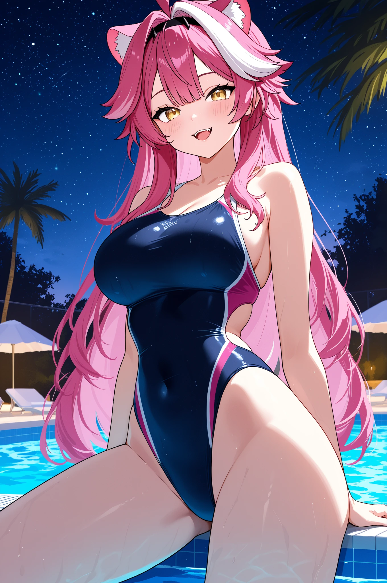 masterpiece, Highest quality,Beautiful Eyes, Beautiful Hair, Beautiful Face, Beautiful Skin, alone, 1 girl, 勃起した乳head, Anime Girls, (whole body), Curvy, Beautiful breasts,Glowing Skin,Shining Eyes, Smooth Skin, Glowing Skin, Soft Skin, Glowing Skin, （Purple slingshot swimsuit with no shoulder embellishments, head, or abdomen.)、Side bust, Cleavage, barefoot, High heels, (Pink Hair), (bare head:1.3), (Exposing shoulders:1.3), (bare collarbones:1.3), fake rabbit ears, blue eyes, Are standing