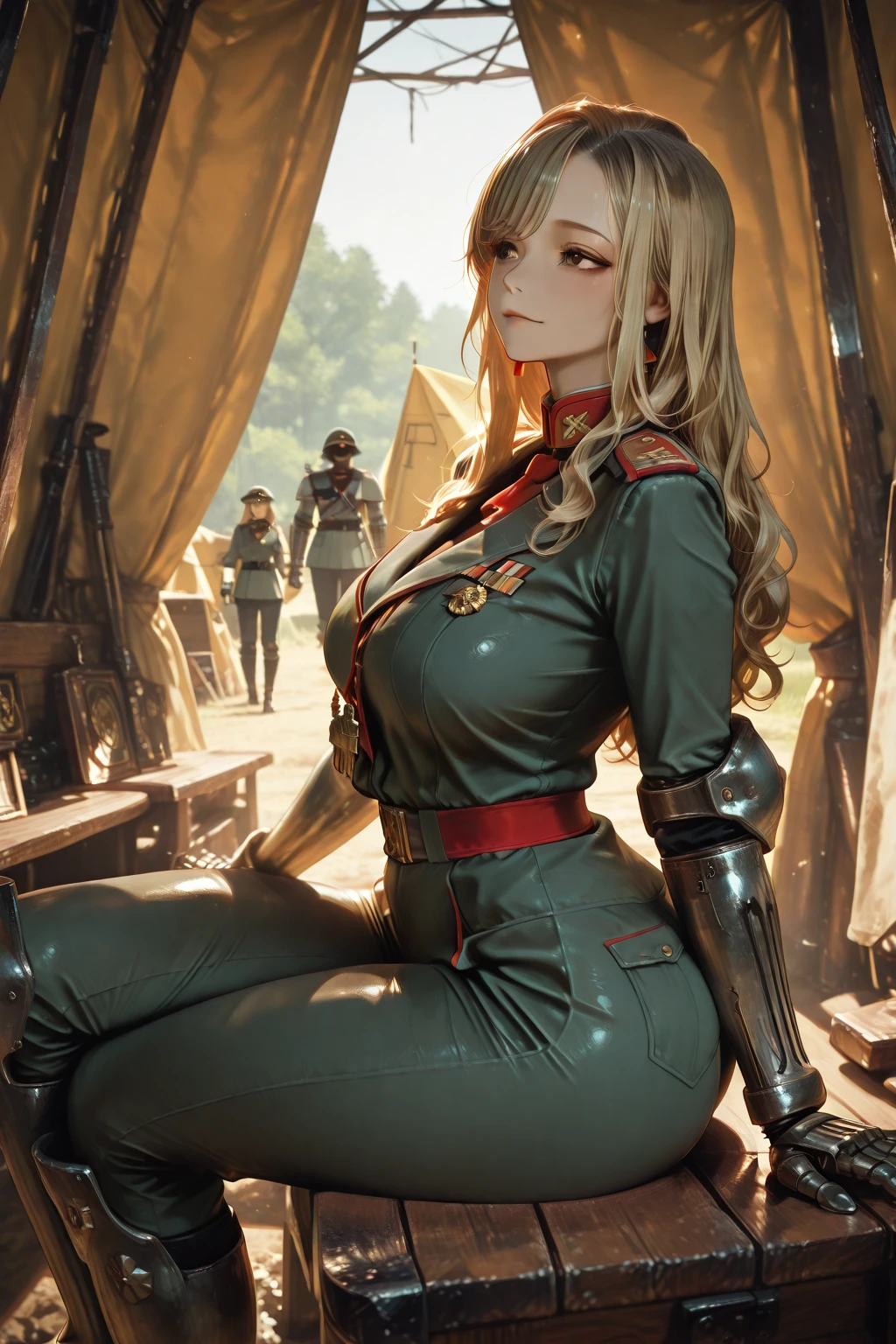 (masterpiece, best quality:1.4)best quality, high detail,
woman, dressed as an officer in the Napoleonic war, long sleeves, baggy clothes,
(dynamic pose:1.4), skin pores, detailed skin, (legs apart), pussy, crotchless pants, crotchless, (pussy:1.5), wide hips, thick thighs, huge breasts, full body, whole body,
filed full of tanks, tanks, fighter jets, explosions, smoke in the background,
<lora:CrotchlessPants:1>, <lora:oiled skinv1:0.4>