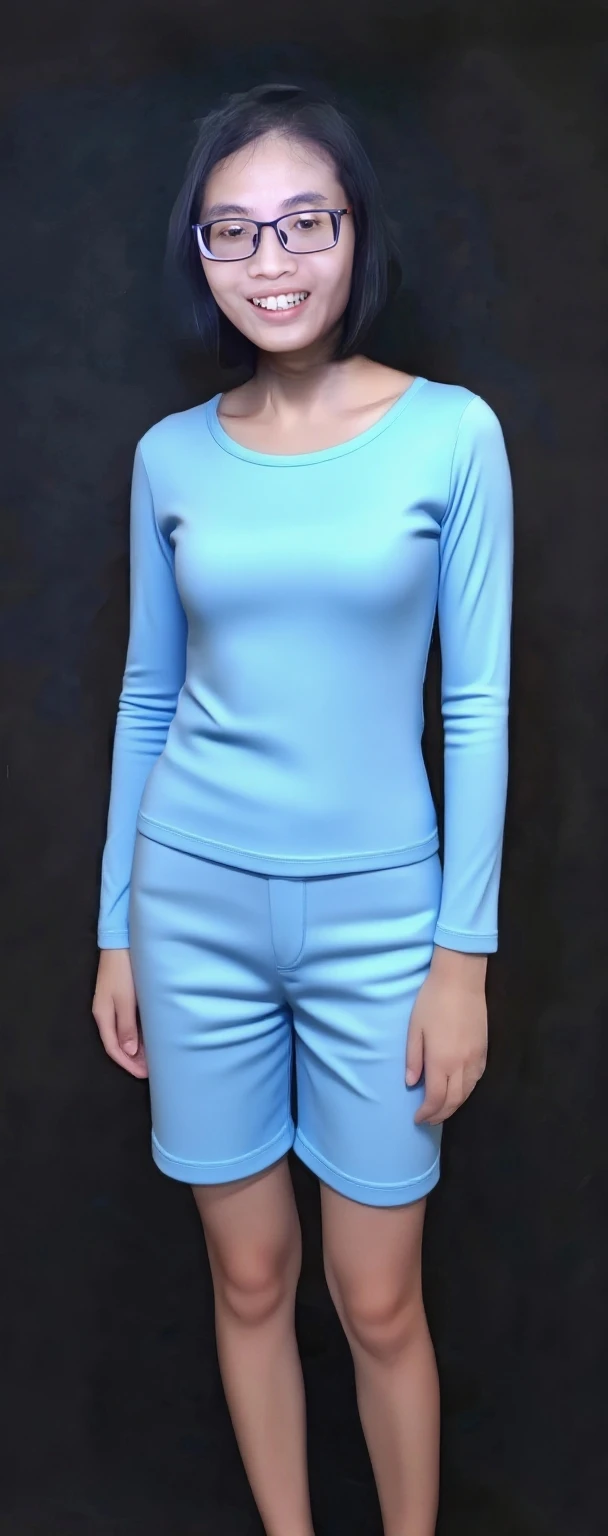 A beautful women with a thik bush unibrow and a large bulbous nose. Wearing a burnth orange undershoulder sweater dress and baby blue leggings.