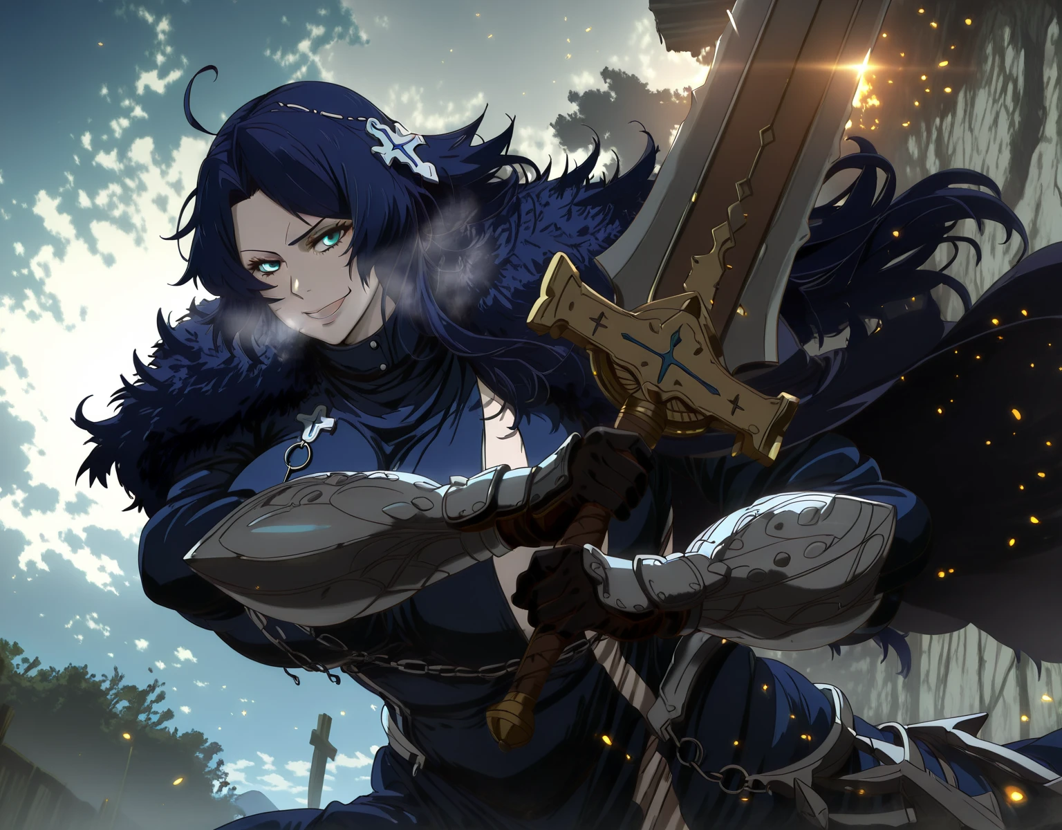 Babu_style, Capycapy, (packge-style:1.4), (tenako_(mugu77)-style:1.2), (mark_gavatino-style:1.4),, ((anatomical correct)), ((Cinematic, unreal engine, eye-catching, ambient occlusion, UHD, masterpiece)), ((perfect lighting, soft shadow)), perfect body, perfect eyes, perfect fingers, gasping, heavy breathing, gasping profusely, (()), mora chester, very long hair, ((dark-blue hair)), head chain, cross hair ornament, ahoge, single sidelock, parted bangs, blue eyes, (mature female:1.5), 1girl, weapon, sword, armor, solo, gauntlets, holding_weapon, holding, holding_sword, cape, fur_trim, armored_dress, smile, ahoge, fur-trimmed_cape, chain, glowing, embers