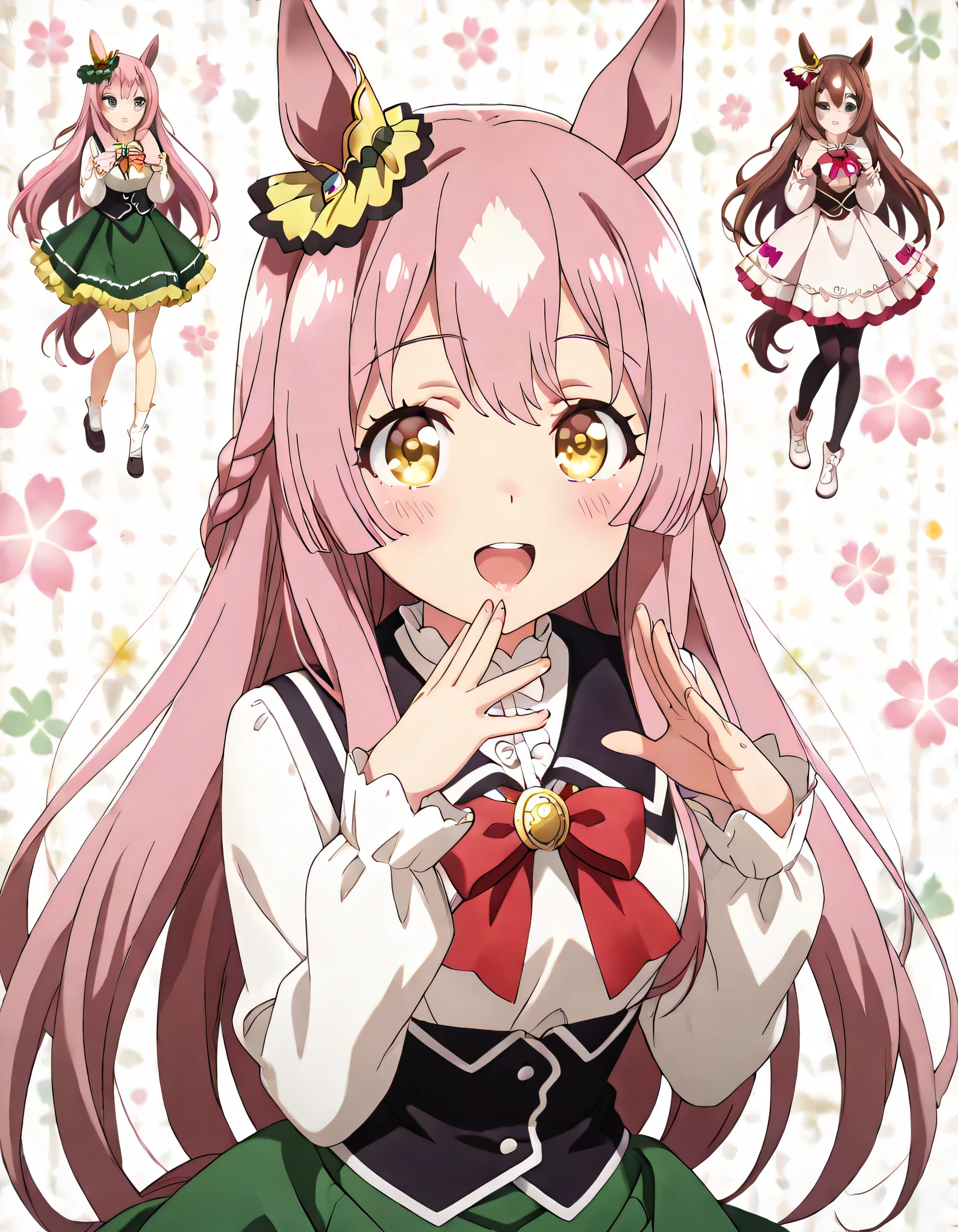 ((ultra-detailed)), (highly detailed CG illustration), (best quality:1.2), ultra-highly detailed, colorful composition, artistic photoshoot, 1girl, solo focus, upper body:1.3, moe anime character,round face, rounded chin:1.2, short stature, styoung, horse girl, yellow eyes, ear ornament, casual, black sailor collar, green skirt, pantyhose, hair is swaying in the wind, small breasts, A soft pastel pink knit dress with a pose where you put your fingers on your lips and lightly touch your lips with one hand. There are ribbed details and pearl button decorations on the chest, and a large red ribbon at the waist. The skirt is flared, and the hem has wavy ruffles and small pearl decorations, A cute and fashionable outfit that combines Lolita fashion and girly style with a high neck and a shoulder design, The concrete wall where the light shines softly creates an elegant and neat atmosphere, subtle sheen, full body view, intricate design, graceful posture, poised expression, delicate curls, soft shading, harmonious color palette, ethereal ambiance, sitting, pink lips, gentle smile:1.2, blush:1.2, from side, dynamic pose, contrapposto pose,kawaii background, best quality, masterpiece, portrait, depth of field, soft lighting, sidelighting, shine, lighting, caustics, ray tracing, perfect face, lustrous skin, highly detailed face, highly detailed eyes, perfect face, perfect nose, perfect hair, perfect eyes, perfect anatomy, beautiful hair, beautiful small face, extremely detailed face, beautiful detailed eyes, beautiful clavicle, beautiful body, beautiful ample breasts, leavage, breasts squeezed together, equalize the size of the left and right breasts, beautiful thin thighs, beautiful legs, beautiful fingers, 4 fingers, 1 thumb, lovely, (very detailed background:1.0), (highly detailed background:1.0), kawaii aesthetic, intricate details, girly atmosphere, pastel colors palette, chromatic aberration