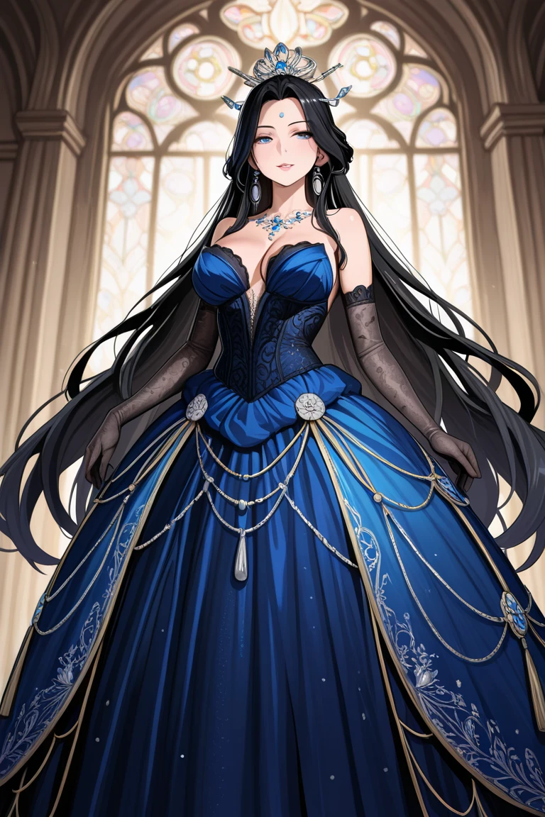 (anime artstyle),Masterpiece,Best Quality,Super Detail,((Very Delicate and Beautiful)),(((Solo))),((full body)),(((1 princess in gorgeous princess rococo ball gown with voluminous hoop skirt))),crinoline,Long train,(bling-bling),((gorgeous rococo ballgown with beautiful embroidery and jeweled)),(((very gigantic boobs))),(Skindentation,cleavage),(gorgeousfull embroidery and lace),detailed face and eyes,jewel-like eyes,((extremely voluminous straight Hair,Very Long Straight Hair)),gorgeousfull hair ornament,(gorgeousfull jeweled tiara),(Dynamic Angle),Looking at viewer,((gorgeous princess rococo ball gown with voluminous hoop skirt)),full body
