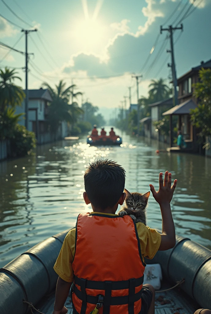 Flooded village and children Crying on the boat Wear a life jacket and held the cat in his lap The background elements are clear and realistic. There are many villages where the water is brown and there is clear rain. High profile 150k.