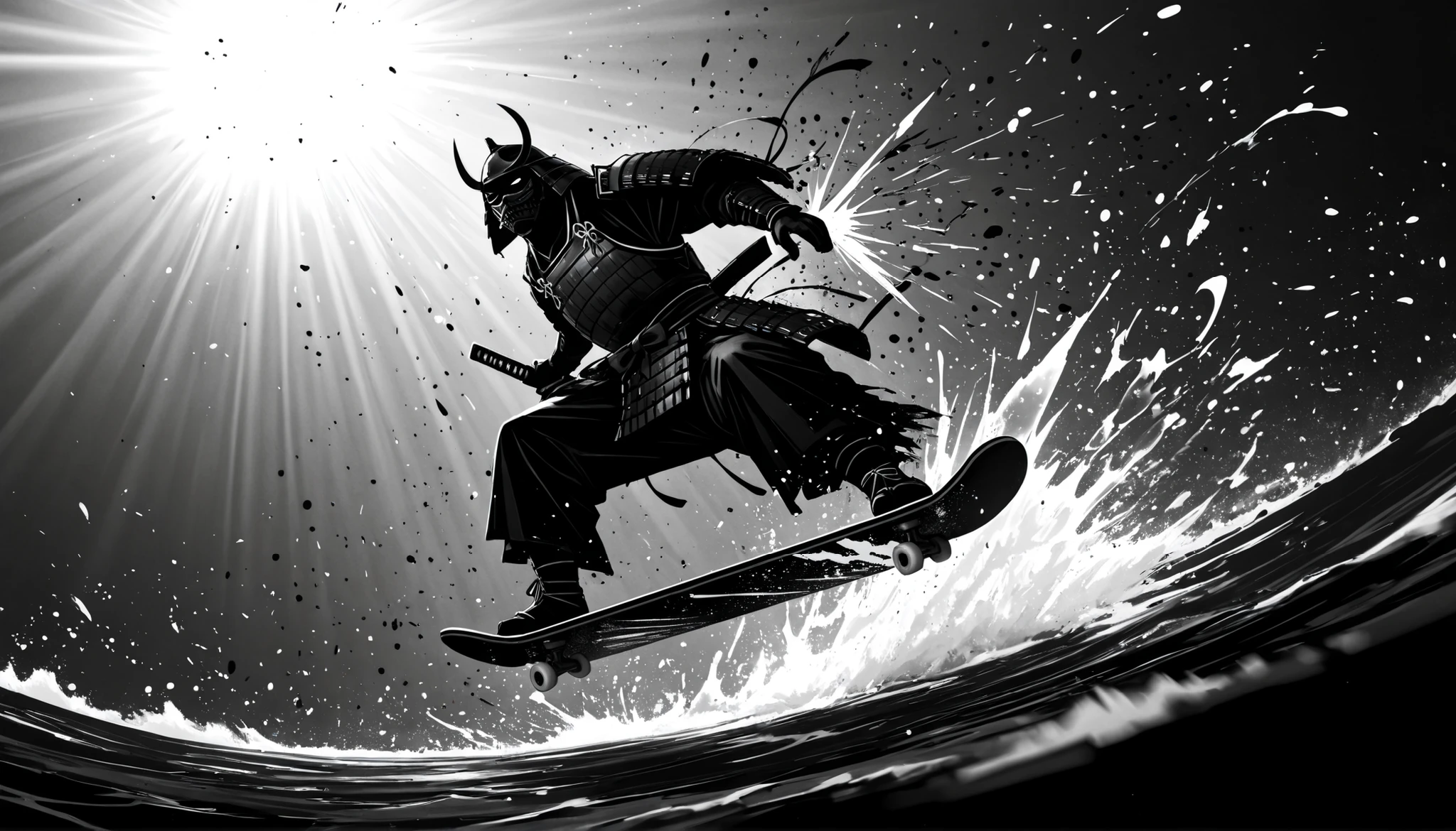 Sumi-e style monochrome illustration of a lone samurai wearing stylish, ornate Japanese armor, captured in an extreme close-up dynamic shot while performing a spectacular skateboard trick in mid-air, bold ink brush strokes, high contrast black and white tones, splashes of ink flying around, cinematic composition, intense motion blur, dramatic lighting, minimalist background, designed for a viral EDM music cover thumbnail, centered subject, modern and traditional fusion, ultra-detailed, high resolution, 16:9 aspect ratio