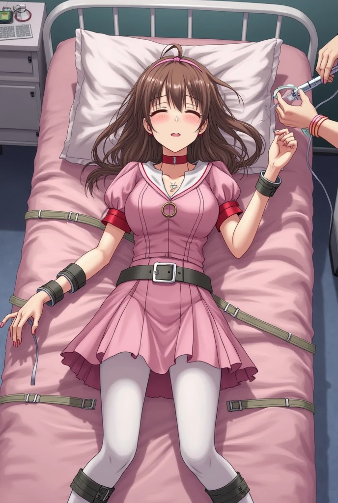 A Female robot is sleeping in the book, spread legs, nude, banzai pose. she wears no dress. She Brown short hair is tied with two big red clothespins, She lifts up the under hem of her white plain dress, leaning over, masterpiece, very short pigtails,brown hair, mature, android, blue eyes, full body figure, Height: 160cm, flushed cheeks, 2020s anime picture, A beautiful robot with short brown hair in two short pigtails held up by two very large huge red clothespins, Uplifting, No NSFW, whole body, barefoot, archaic smile, getting orgasm, 25 years old, sweat bucket.