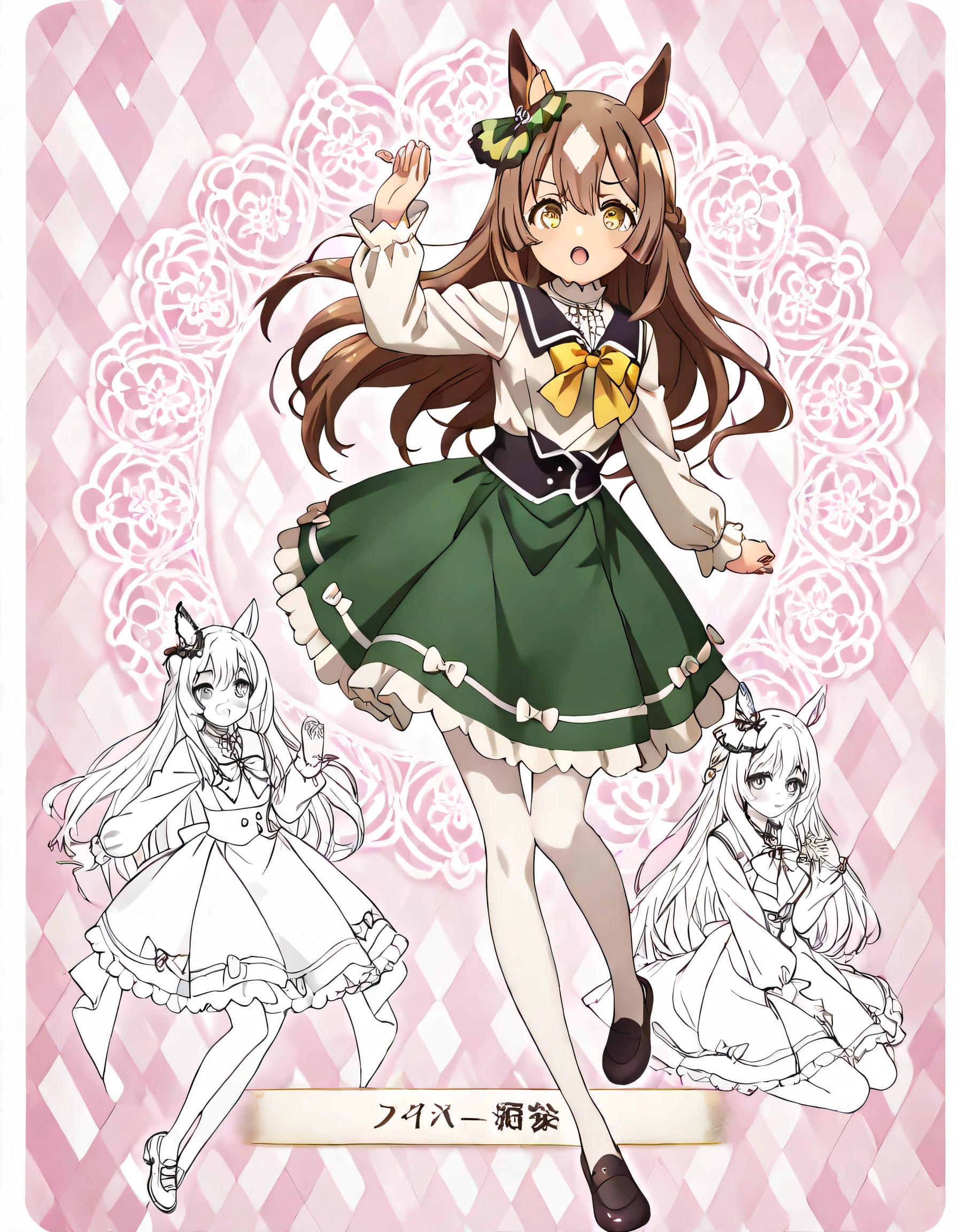 ((ultra-detailed)), (highly detailed CG illustration), (best quality:1.2), ultra-highly detailed, colorful composition, artistic photoshoot, 1girl, solo focus, upper body:1.3, moe anime character,round face, rounded chin:1.2, short stature, styoung, horse girl, yellow eyes, ear ornament, casual, black sailor collar, green skirt, pantyhose, long hair,brown hair,half updo, hair is swaying in the wind, small breasts, A soft pastel pink knit dress with a pose where you put your fingers on your lips and lightly touch your lips with one hand. There are ribbed details and pearl button decorations on the chest, and a large red ribbon at the waist. The skirt is flared, and the hem has wavy ruffles and small pearl decorations, A cute and fashionable outfit that combines Lolita fashion and girly style with a high neck and a shoulder design, The concrete wall where the light shines softly creates an elegant and neat atmosphere, subtle sheen, full body view, intricate design, graceful posture, poised expression, delicate curls, soft shading, harmonious color palette, ethereal ambiance, sitting, pink lips, gentle smile:1.2, blush:1.2, from side, dynamic pose, contrapposto pose,kawaii background, best quality, masterpiece, portrait, depth of field, soft lighting, sidelighting, shine, lighting, caustics, ray tracing, perfect face, lustrous skin, highly detailed face, highly detailed eyes, perfect face, perfect nose, perfect hair, perfect eyes, perfect anatomy, beautiful hair, beautiful small face, extremely detailed face, beautiful detailed eyes, beautiful clavicle, beautiful body, beautiful ample breasts, leavage, breasts squeezed together, equalize the size of the left and right breasts, beautiful thin thighs, beautiful legs, beautiful fingers, 4 fingers, 1 thumb, lovely, (very detailed background:1.0), (highly detailed background:1.0), kawaii aesthetic, intricate details, girly atmosphere, pastel colors palette, chromatic aberration