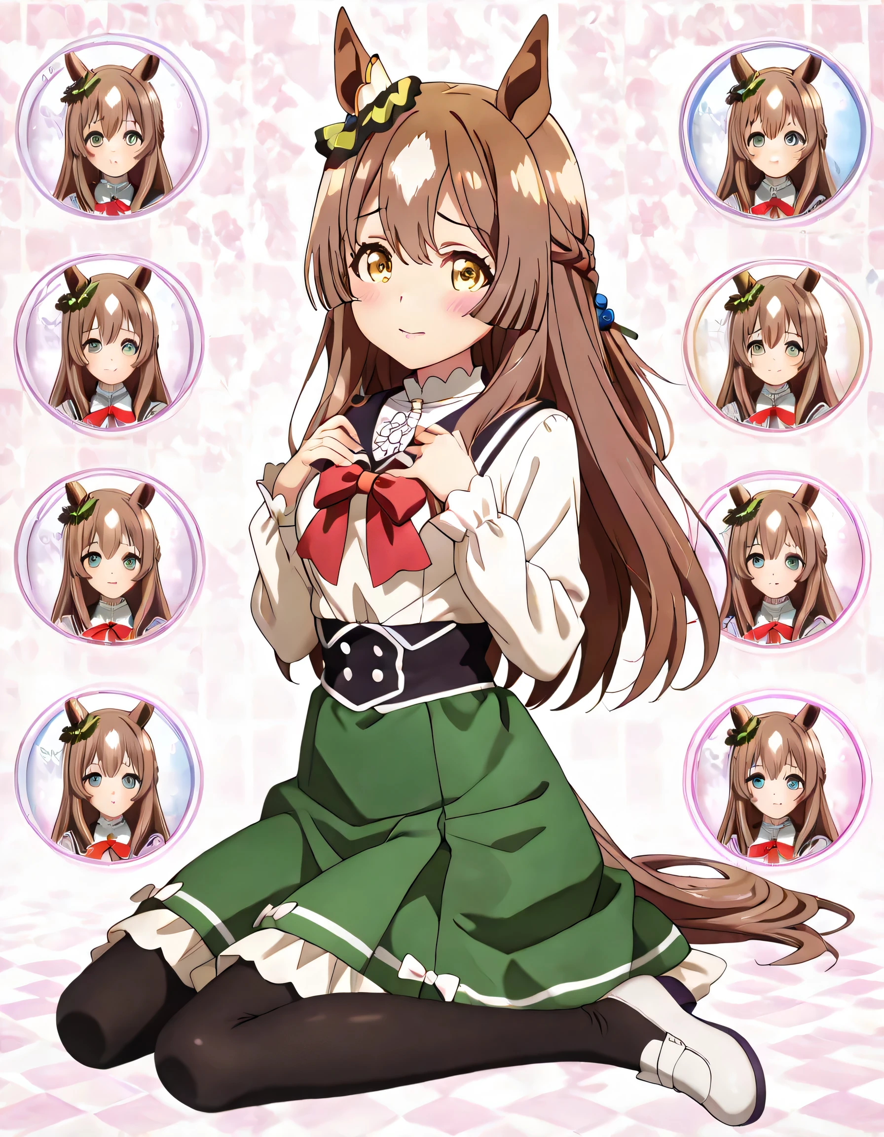 ((ultra-detailed)), (highly detailed CG illustration), (best quality:1.2), ultra-highly detailed, colorful composition, artistic photoshoot, 1girl, solo focus, upper body:1.3, moe anime character,round face, rounded chin:1.2, short stature, styoung, horse girl, yellow eyes, ear ornament, casual, black sailor collar, green skirt, pantyhose, long hair,brown hair,half updo, hair is swaying in the wind, small breasts, A soft pastel pink knit dress with a pose where you put your fingers on your lips and lightly touch your lips with one hand. There are ribbed details and pearl button decorations on the chest, and a large red ribbon at the waist. The skirt is flared, and the hem has wavy ruffles and small pearl decorations, A cute and fashionable outfit that combines Lolita fashion and girly style with a high neck and a shoulder design, The concrete wall where the light shines softly creates an elegant and neat atmosphere, subtle sheen, full body view, intricate design, graceful posture, poised expression, delicate curls, soft shading, harmonious color palette, ethereal ambiance, sitting, pink lips, gentle smile:1.2, blush:1.2, from side, dynamic pose, contrapposto pose,kawaii background, best quality, masterpiece, portrait, depth of field, soft lighting, sidelighting, shine, lighting, caustics, ray tracing, perfect face, lustrous skin, highly detailed face, highly detailed eyes, perfect face, perfect nose, perfect hair, perfect eyes, perfect anatomy, beautiful hair, beautiful small face, extremely detailed face, beautiful detailed eyes, beautiful clavicle, beautiful body, beautiful ample breasts, leavage, breasts squeezed together, equalize the size of the left and right breasts, beautiful thin thighs, beautiful legs, beautiful fingers, 4 fingers, 1 thumb, lovely, (very detailed background:1.0), (highly detailed background:1.0), kawaii aesthetic, intricate details, girly atmosphere, pastel colors palette, chromatic aberration