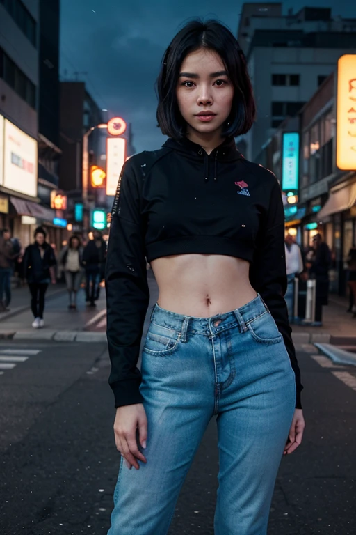(fullbody shot,street lamps,moon),Masterpiece, 1girl, solo exhibition, beautiful woman on the bustling street, surrounded by hawkers, beautiful goddess girl , beautiful and detailed face, porcelain skin, (((bust shot, center, night, black hair, short hair,huge ass )), (((wearing white hoodie, blue pants,)))super soft lighting, symmetry, complexity, elegance, high detail, realism, in the streets of Tokyo
