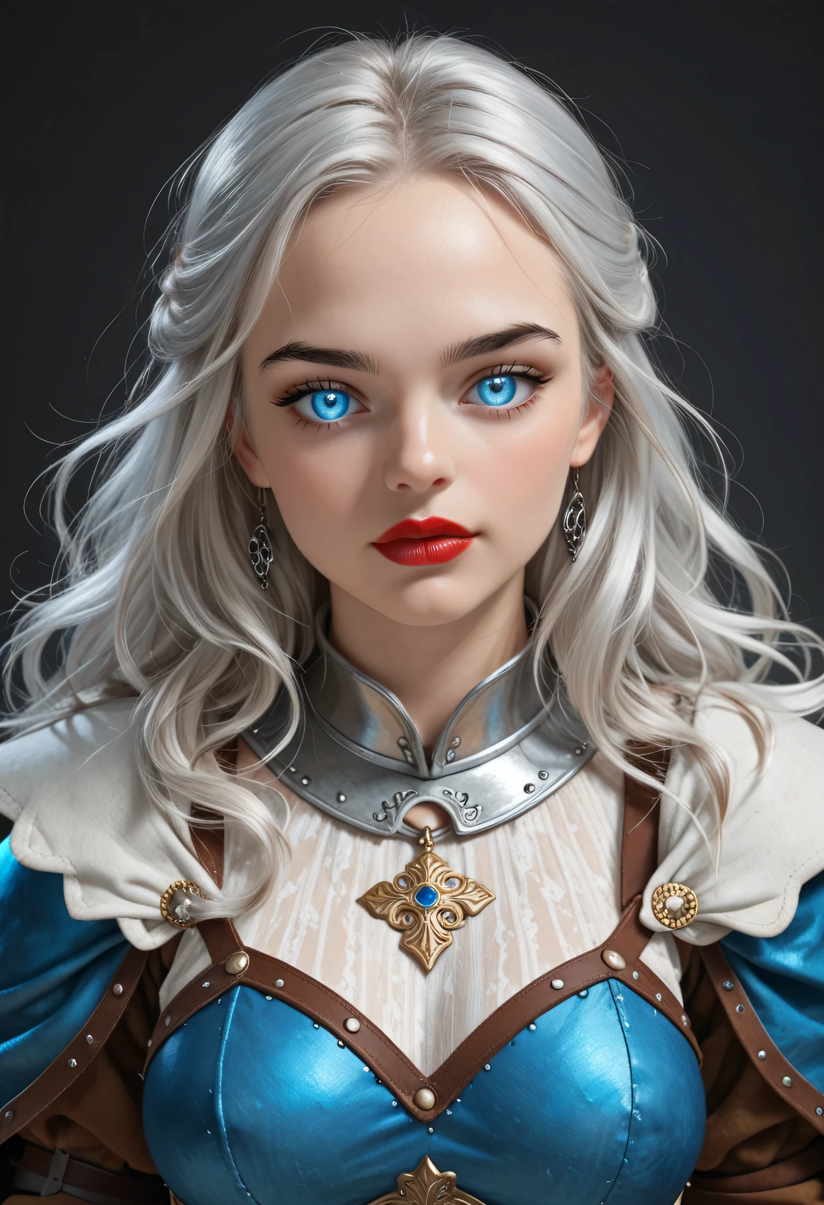simple background, perfect face, (silver hair, hair, hair low), ((forehead)), black thin eyebrows, ((big glowing blue eyes)), thick red lips, beautiful woman, fantasy medieval clothes, medium breasts, (pov), (looking at viewer)