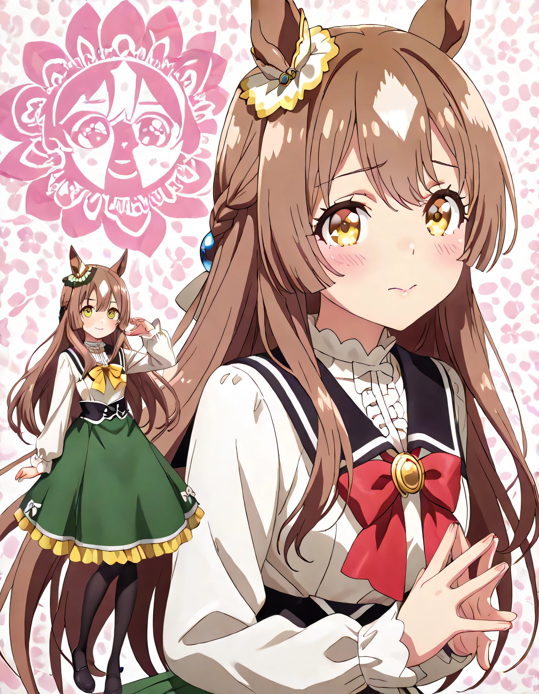 ((ultra-detailed)), (highly detailed CG illustration), (best quality:1.2), ultra-highly detailed, colorful composition, artistic photoshoot, 1girl, solo focus, upper body:1.3, moe anime character,round face, rounded chin:1.2, short stature, styoung, horse girl, yellow eyes, ear ornament, casual, black sailor collar, green skirt, pantyhose, long hair,brown hair,half updo, hair is swaying in the wind, small breasts, A soft pastel pink knit dress with a pose where you put your fingers on your lips and lightly touch your lips with one hand. There are ribbed details and pearl button decorations on the chest, and a large red ribbon at the waist. The skirt is flared, and the hem has wavy ruffles and small pearl decorations, A cute and fashionable outfit that combines Lolita fashion and girly style with a high neck and a shoulder design, The concrete wall where the light shines softly creates an elegant and neat atmosphere, subtle sheen, full body view, intricate design, graceful posture, poised expression, delicate curls, soft shading, harmonious color palette, ethereal ambiance, sitting, pink lips, gentle smile:1.2, blush:1.2, from side, dynamic pose, contrapposto pose,kawaii background, best quality, masterpiece, portrait, depth of field, soft lighting, sidelighting, shine, lighting, caustics, ray tracing, perfect face, lustrous skin, highly detailed face, highly detailed eyes, perfect face, perfect nose, perfect hair, perfect eyes, perfect anatomy, beautiful hair, beautiful small face, extremely detailed face, beautiful detailed eyes, beautiful clavicle, beautiful body, beautiful ample breasts, leavage, breasts squeezed together, equalize the size of the left and right breasts, beautiful thin thighs, beautiful legs, beautiful fingers, 4 fingers, 1 thumb, lovely, (very detailed background:1.0), (highly detailed background:1.0), kawaii aesthetic, intricate details, girly atmosphere, pastel colors palette, chromatic aberration